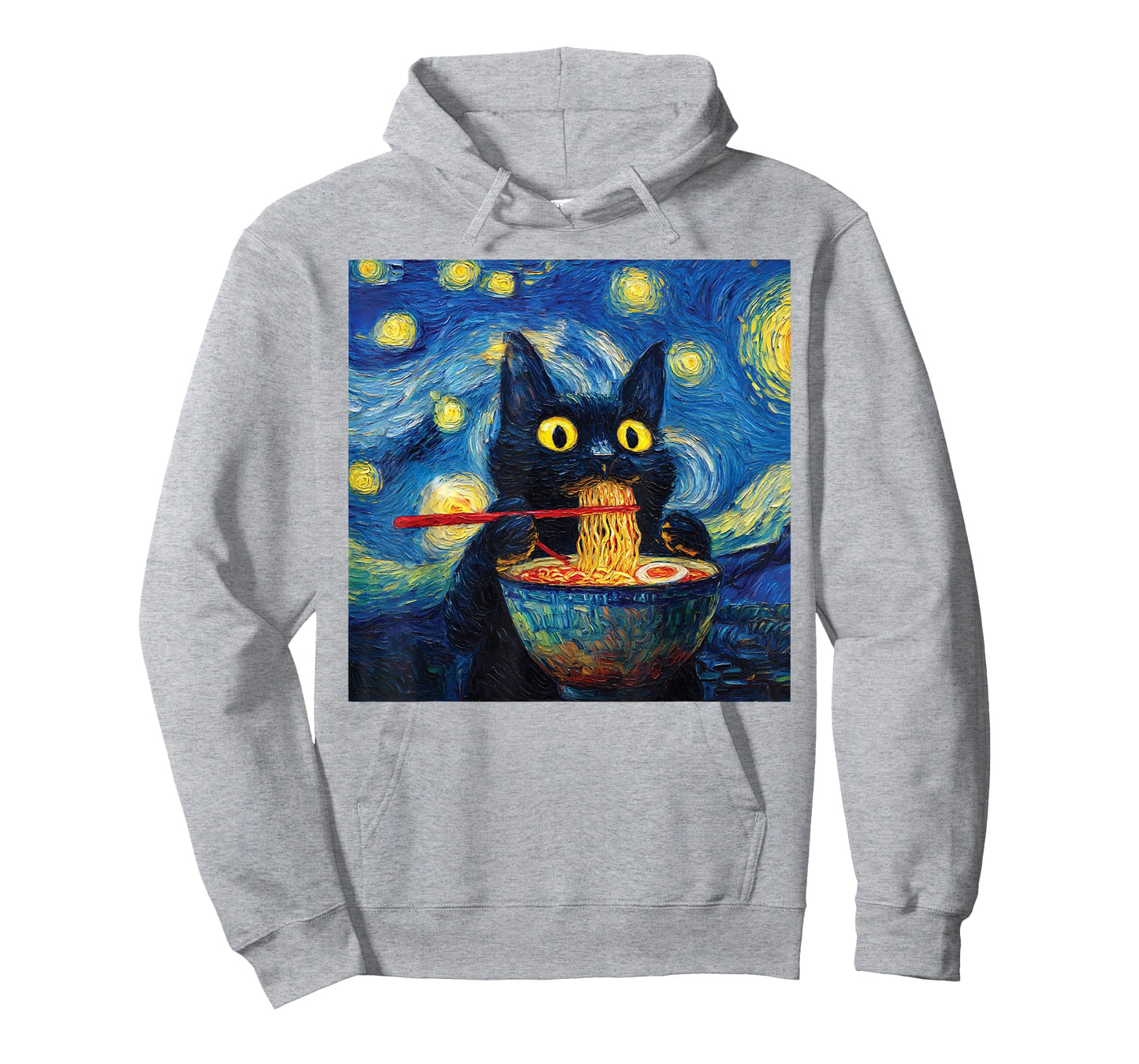 Black Cat Eating Ramen Graphic Night Painting for Women Men T-Shirt