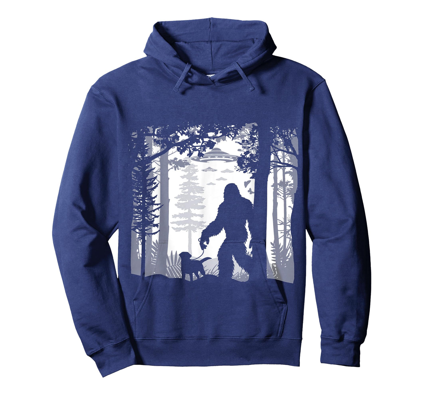 Funny Sasquatch Bigfoot Walking Dog in Woods with Alien UFOs T-Shirt