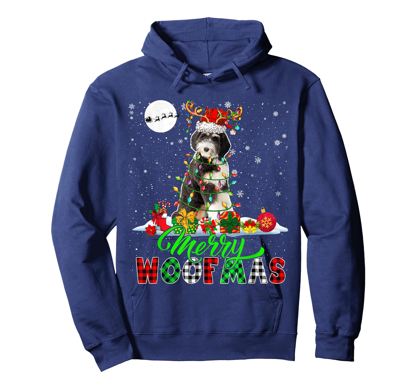 Merry Christmas Funny Woof Xmas Santa Reindeer Bernedoodle T-Shirt