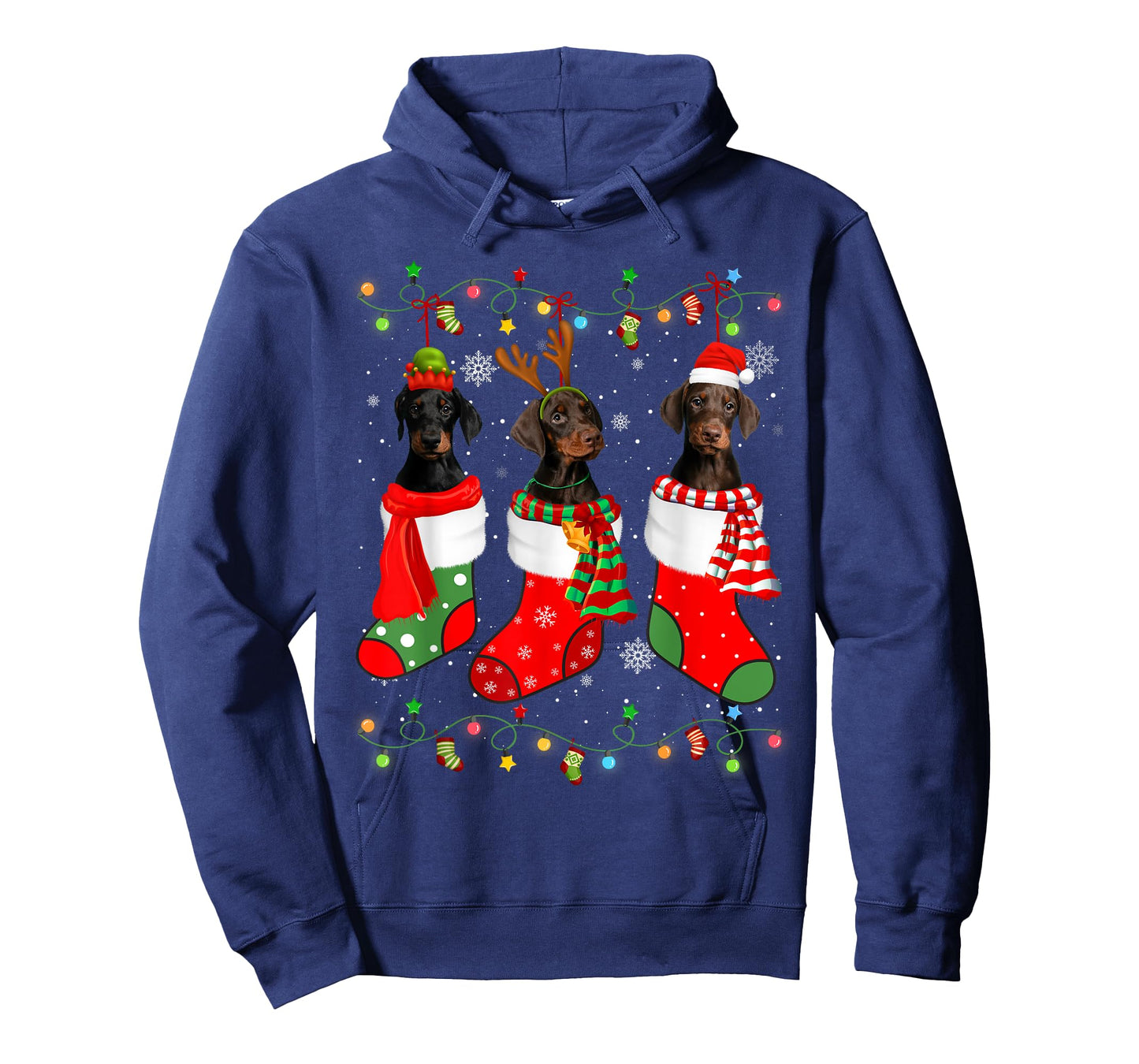 Doberman Dog Christmas Socks Santa Hat Xmas Lights T-Shirt