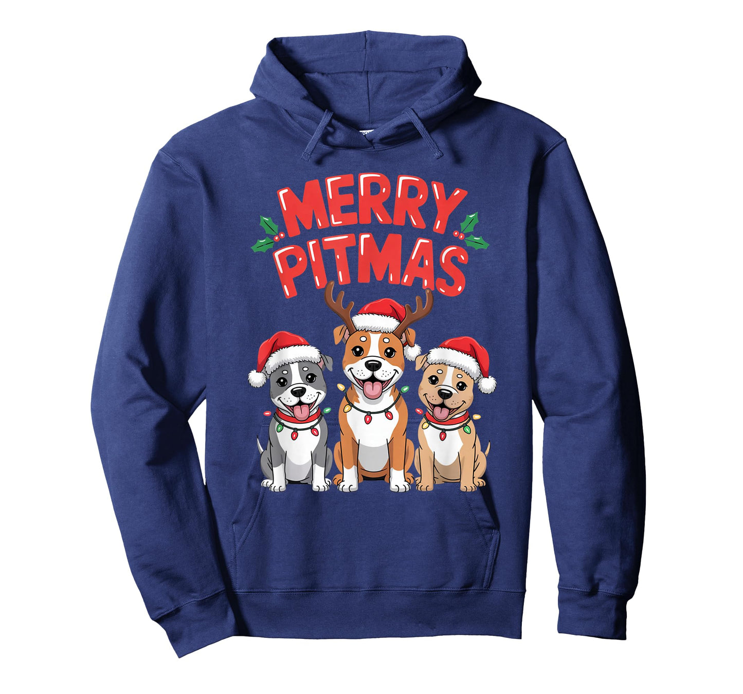 Merry Pitmas Funny Christmas Pitbull Dog Lights Santa Hat T-Shirt