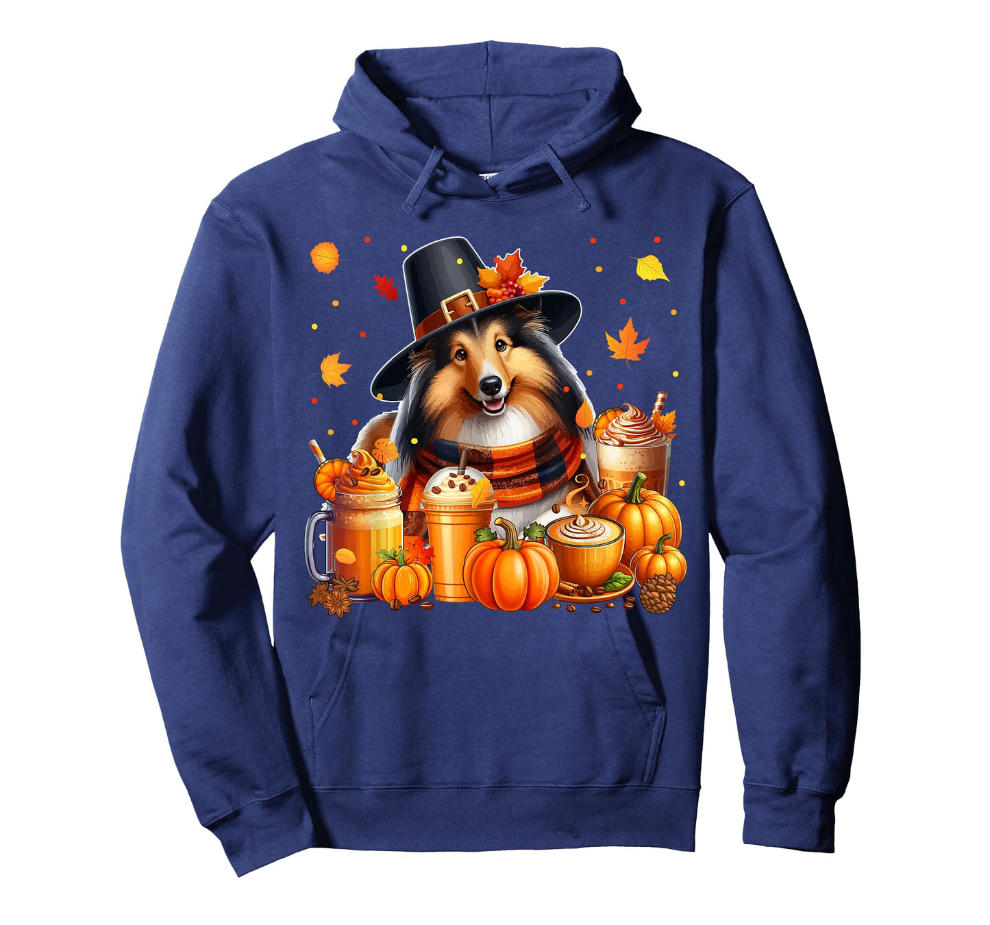 Sheltie Thanksgiving Drinks Coffee Fall Leaves Pumpkins T-Shirt