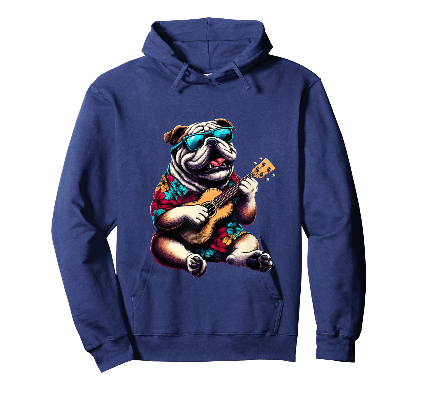 Bulldog Wearing a Hawaiian Shirt, Playing a Ukulele T-Shirt for Men Women Kids
