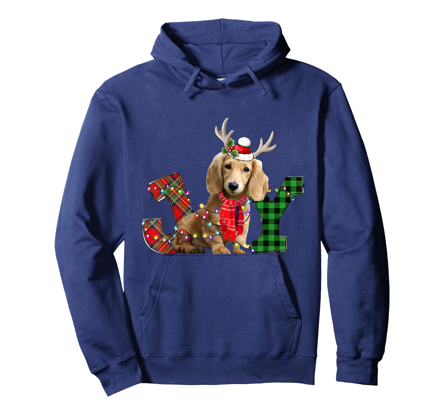 Joy Christmas Lights Long Haired Dachshund Dog Santa Hat T-Shirt