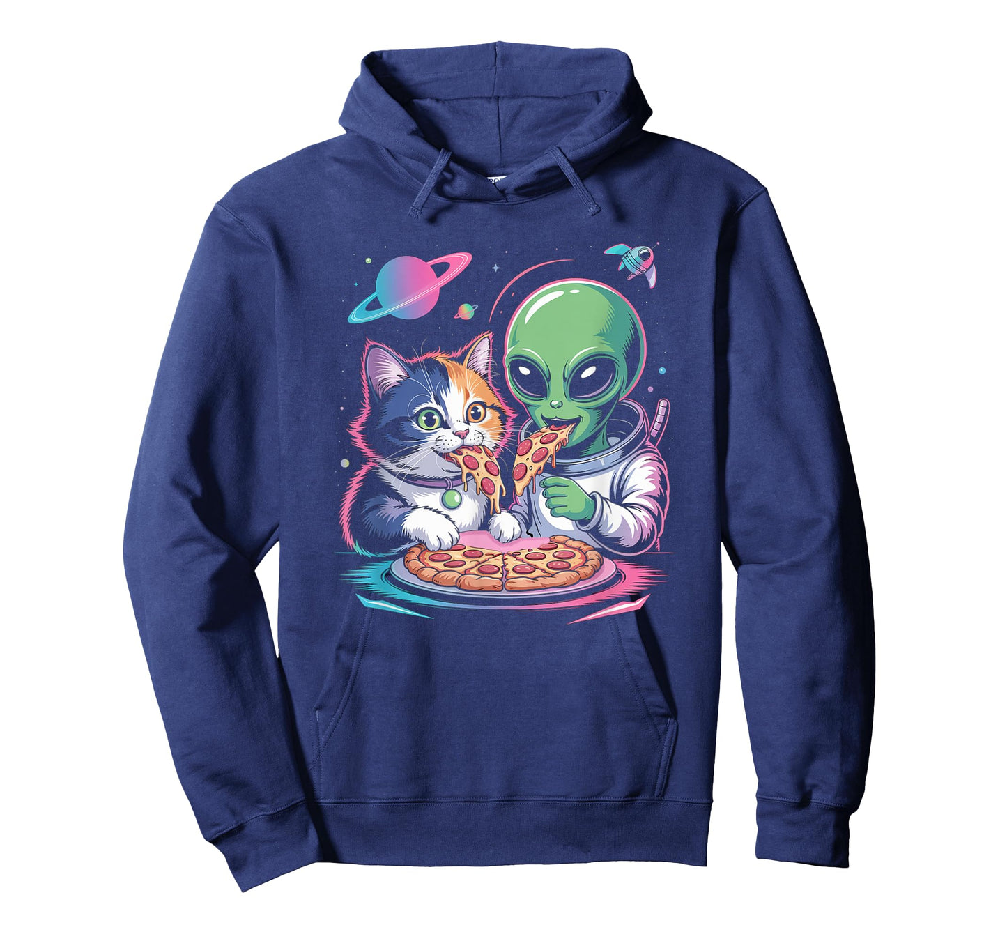 Funny Cat and Alien Sharing Pizza Space UFO for Men Women T-Shirt