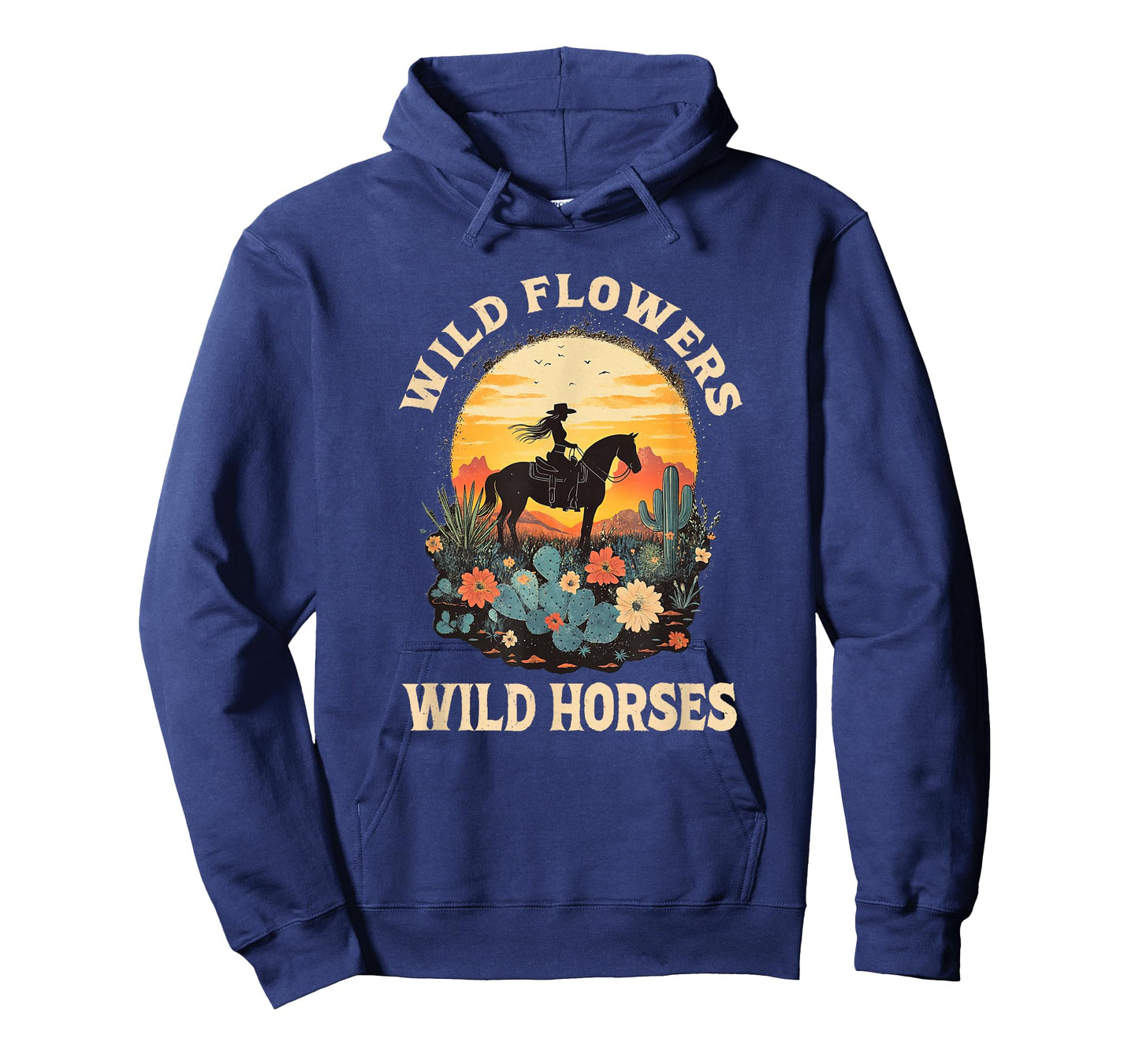 western sunset cowgirl riding horse wild flowers wild horses T-Shirt