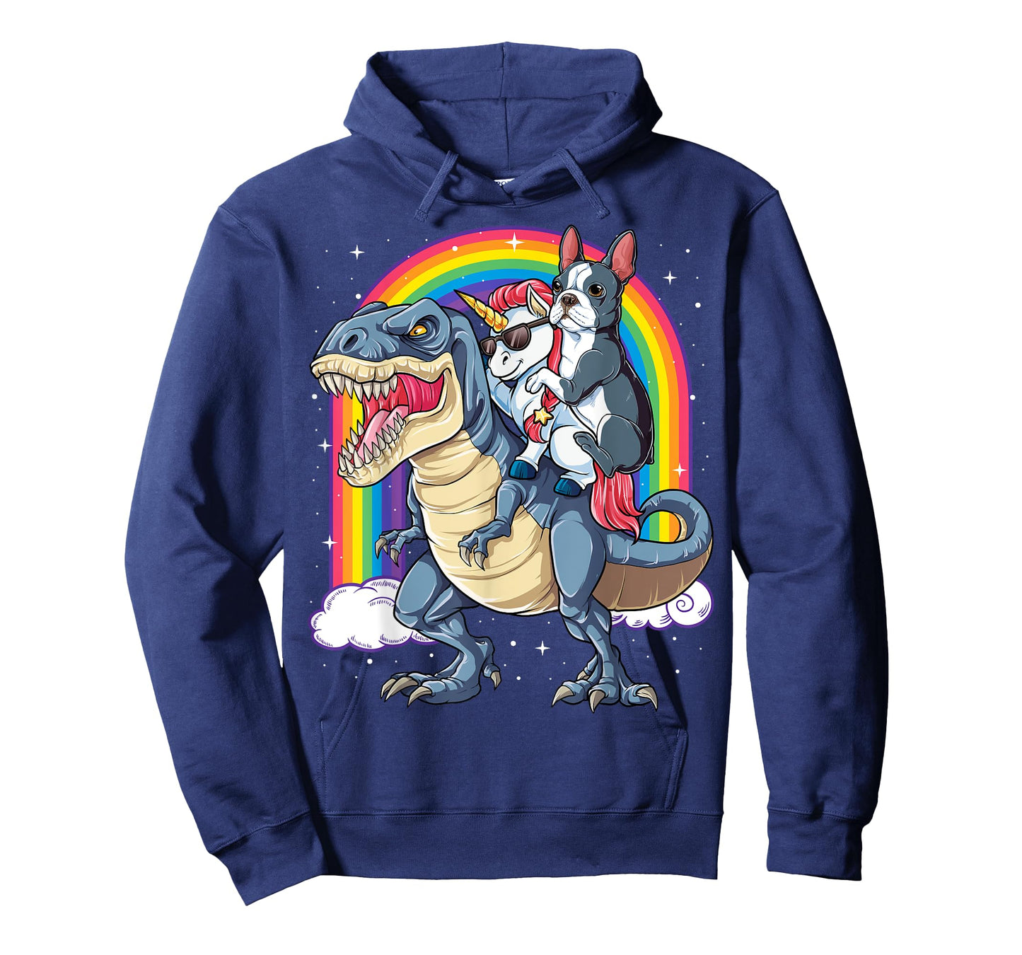 Boston Terrier Unicorn Riding Dinosaur T-rex Girls Rainbow T-Shirt