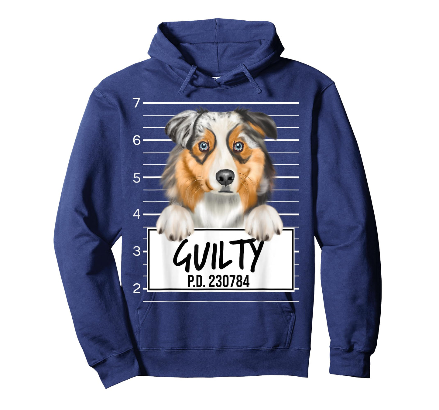 Funny Australian Shepherd Mugshot Guilty Dog Men Women Kids T-Shirt