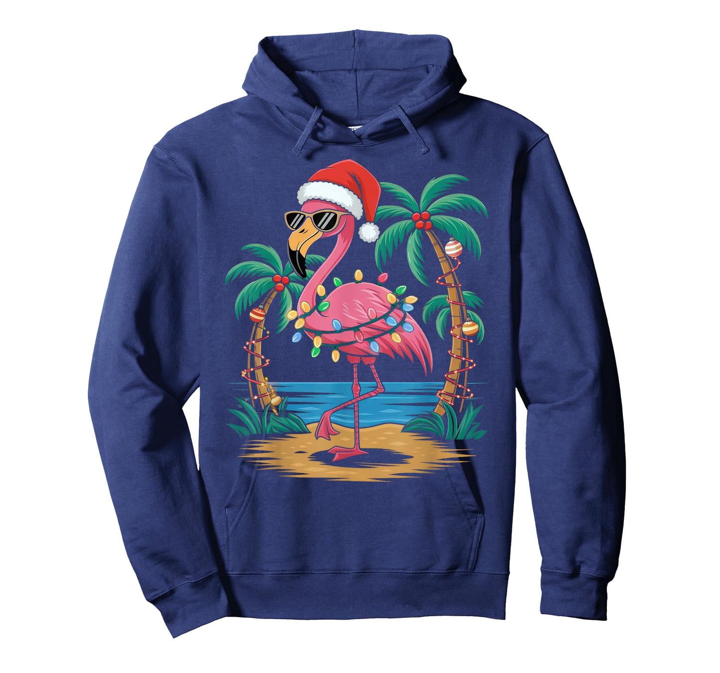 Santa Flamingo Christmas Lights Tropical Palms Tree Beach T-Shirt