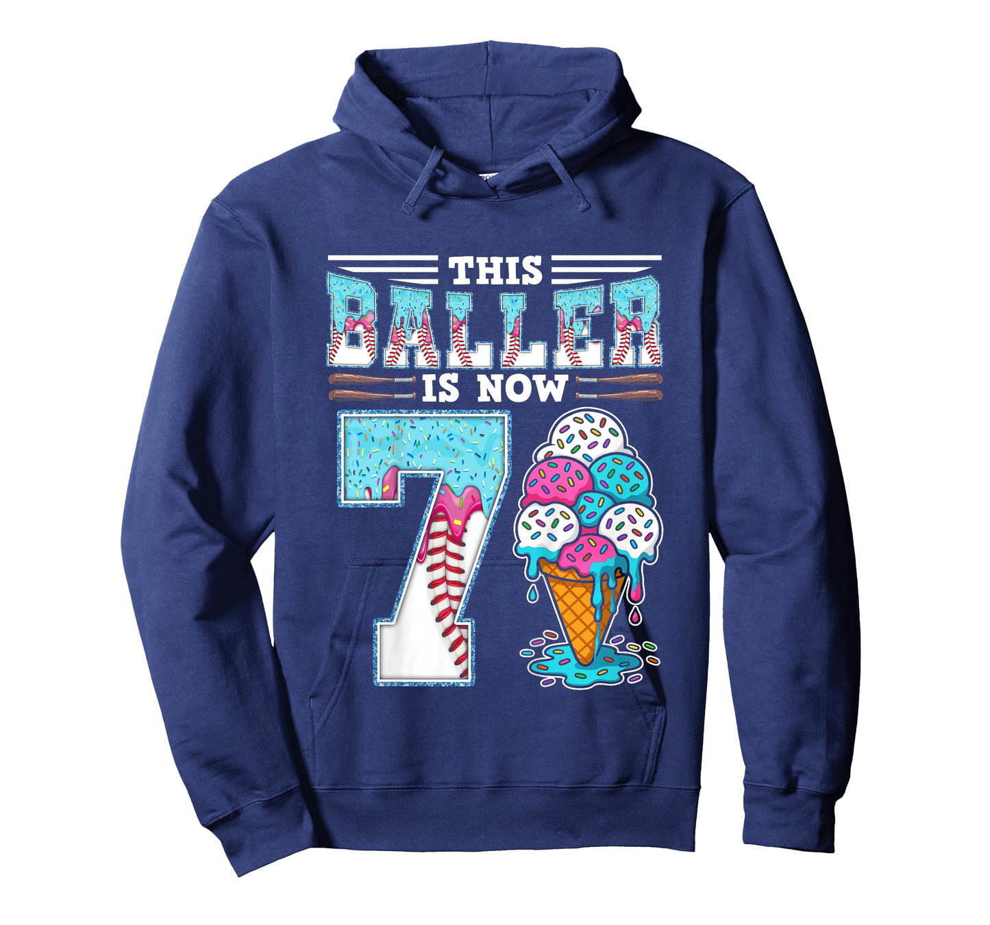 Kids Baller Is Now 7 Year Ice Cream Drip 7th Birthday Baseball T-Shirt