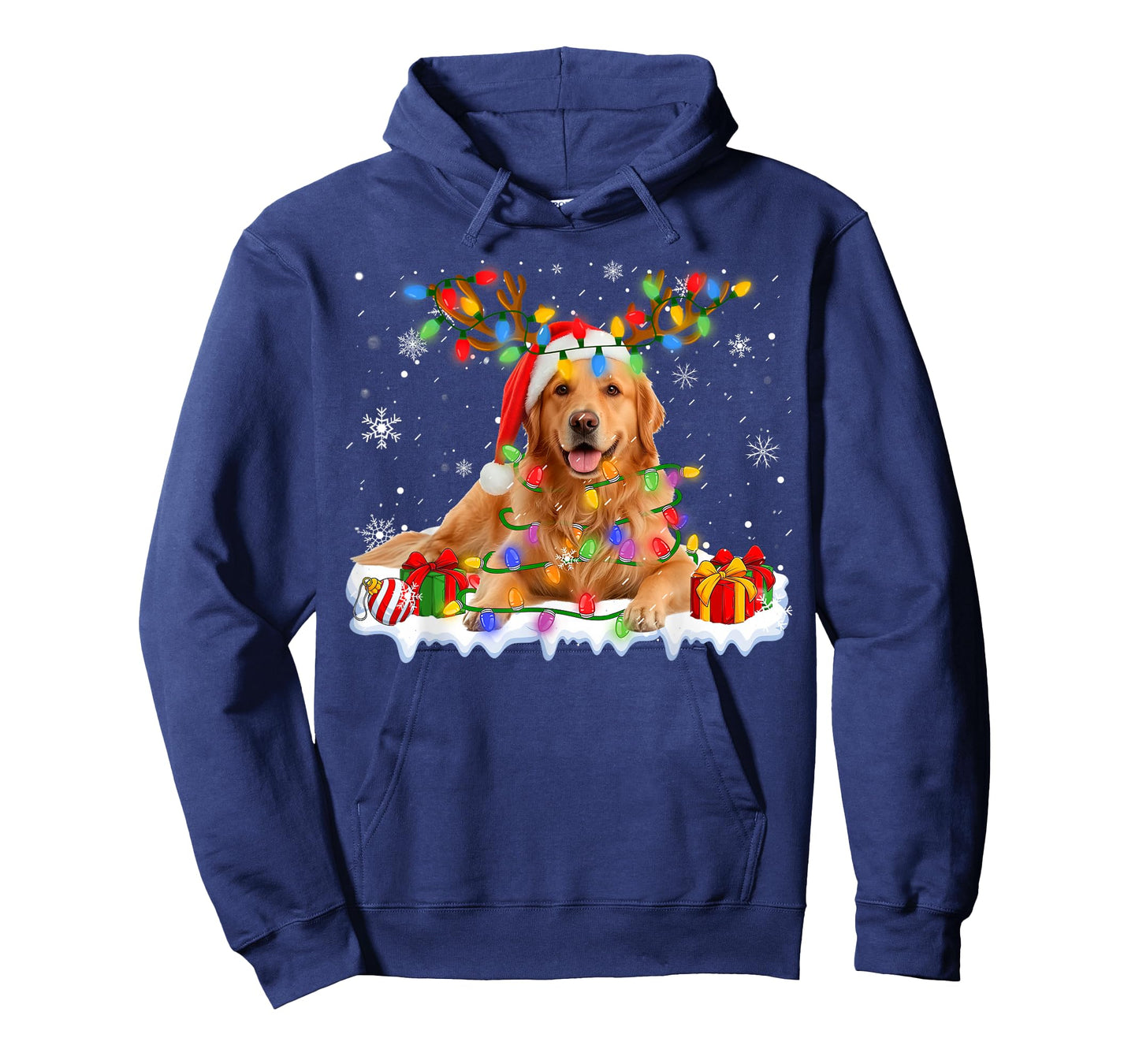 Funny Golden Retriever Christmas Santa Hat Reindeer Lights T-Shirt