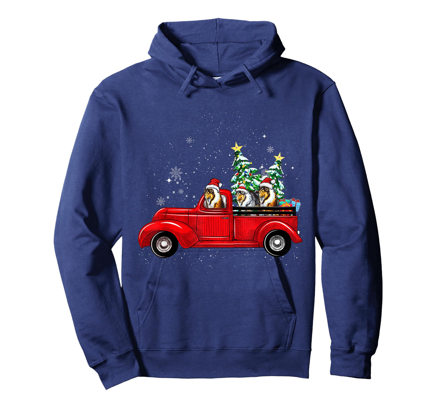 Rough Collie Dog Driving Xmas Truck Christmas Tree Lights T-Shirt for Men Women Kids