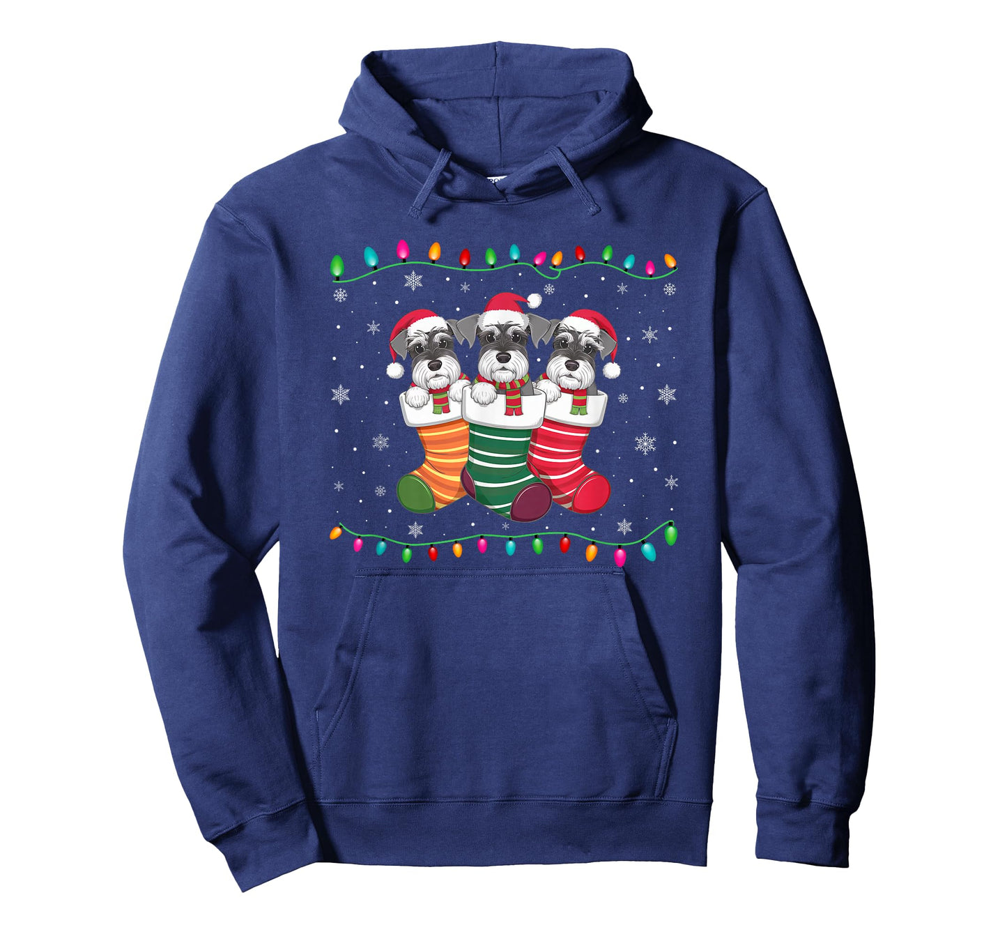 Xmas Tree Lights Funny Schnauzer Dog in Christmas Socks T-Shirt for Men Women Kids