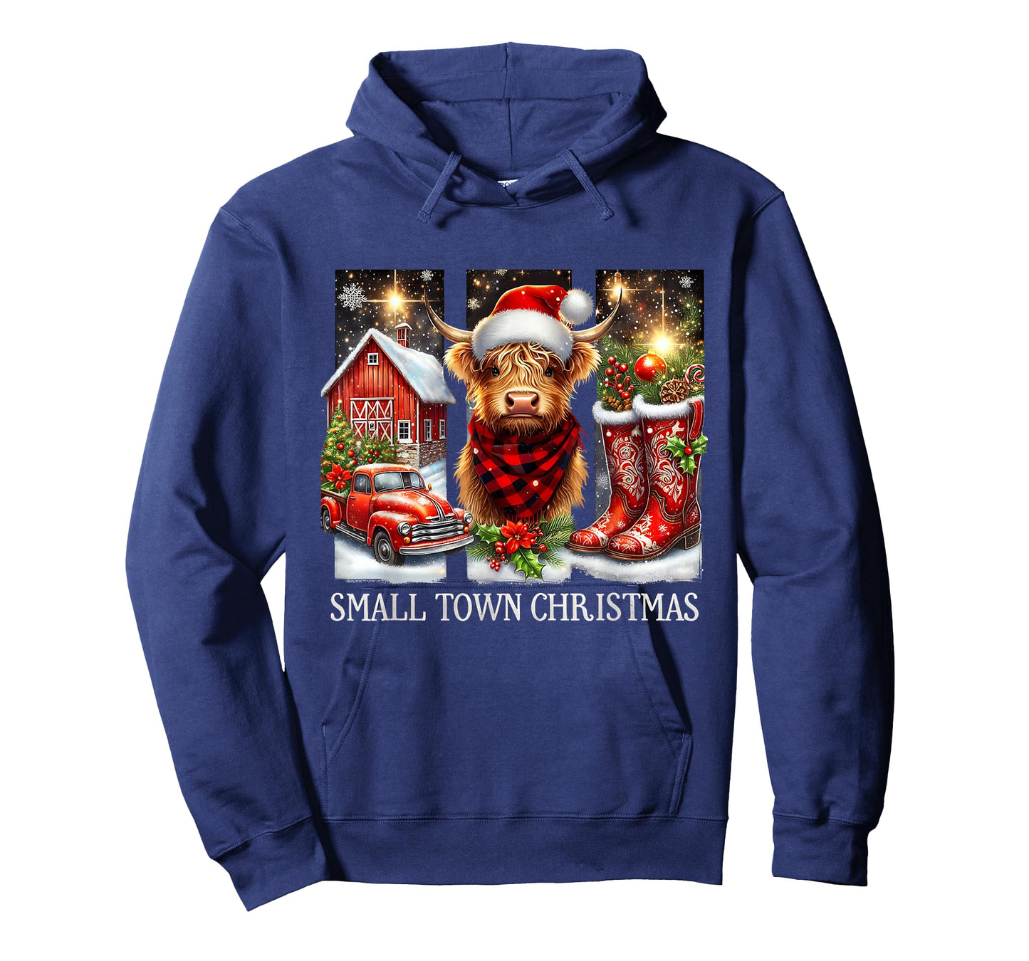 Small Town Christmas Highland Cow Western Art T-Shirt