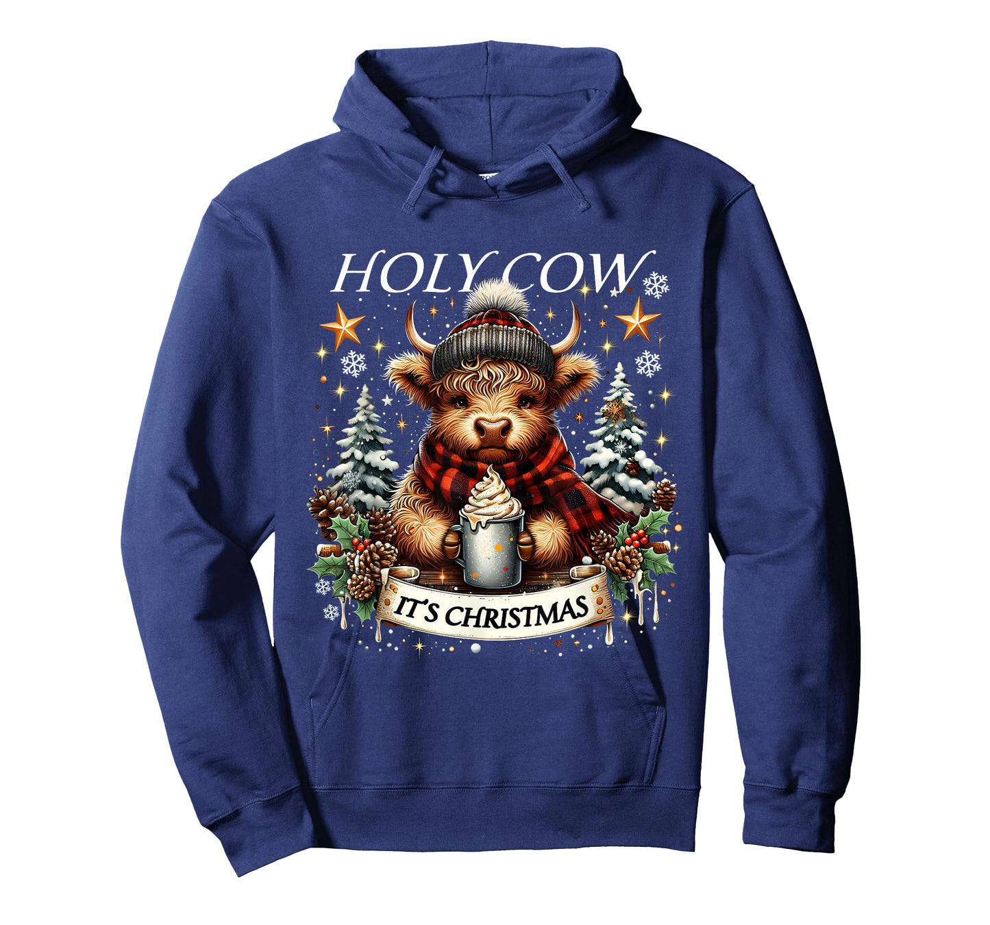 Holy Cow Itโs Christmas Funny Cozy Farm Design HighlandCow T-Shirt
