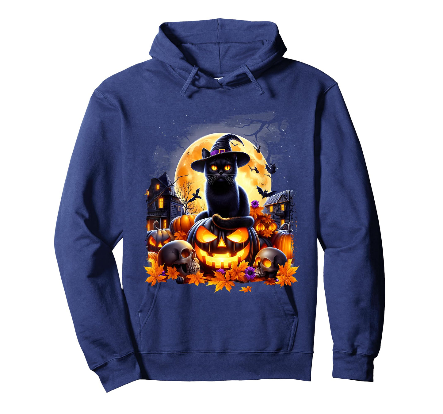 Halloween Black Cat Pumpkins Skulls HauntedHouse Under Moon T-Shirt