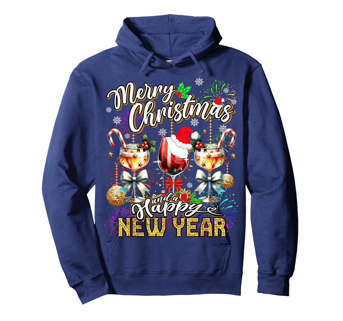 Merry Christmas and a Happy New Year Wine Glasses Fireworks T-Shirt