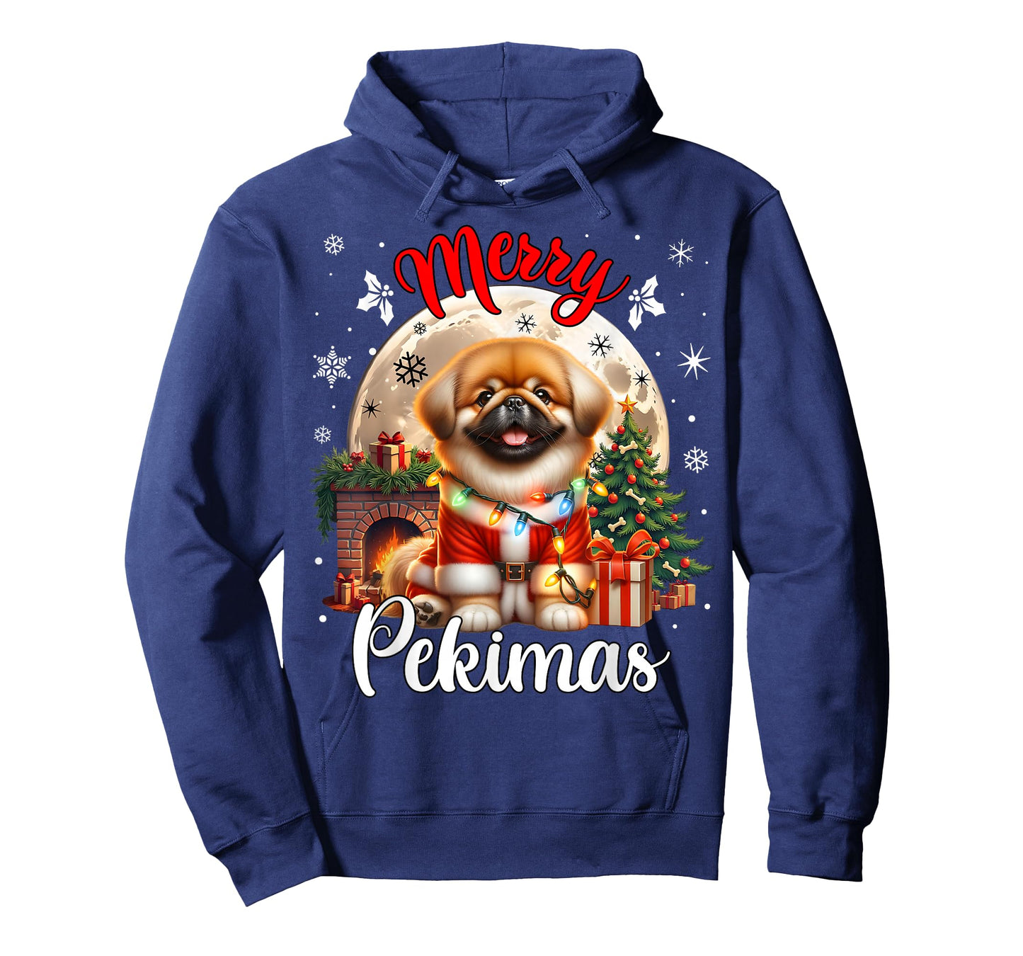 Merry Christmas Pekingese For Men & Women Unisex-Adults Black Small Cartoon Humor Modern Round Collar Straight Short Sleeve T-Shirt