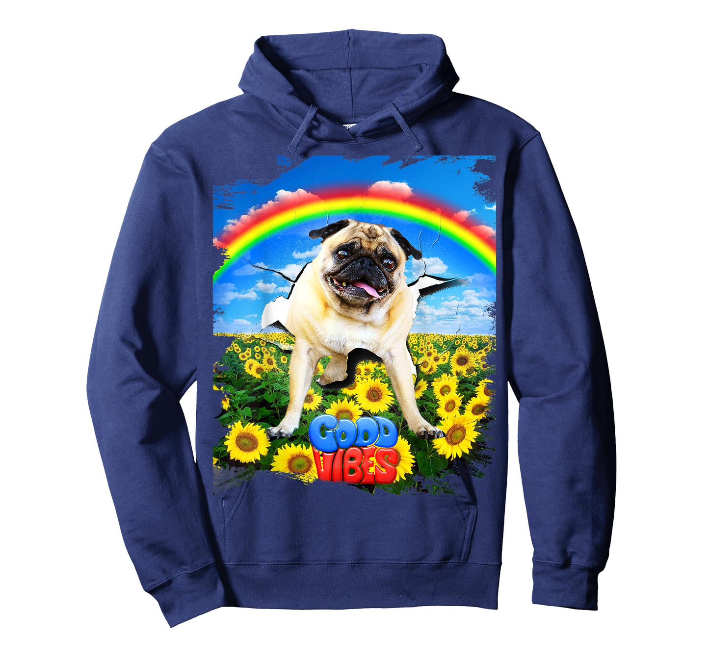 Pug Dog Cracked Wall Good Positive Vibes Rainbow Funny Men Women Kids T-Shirt
