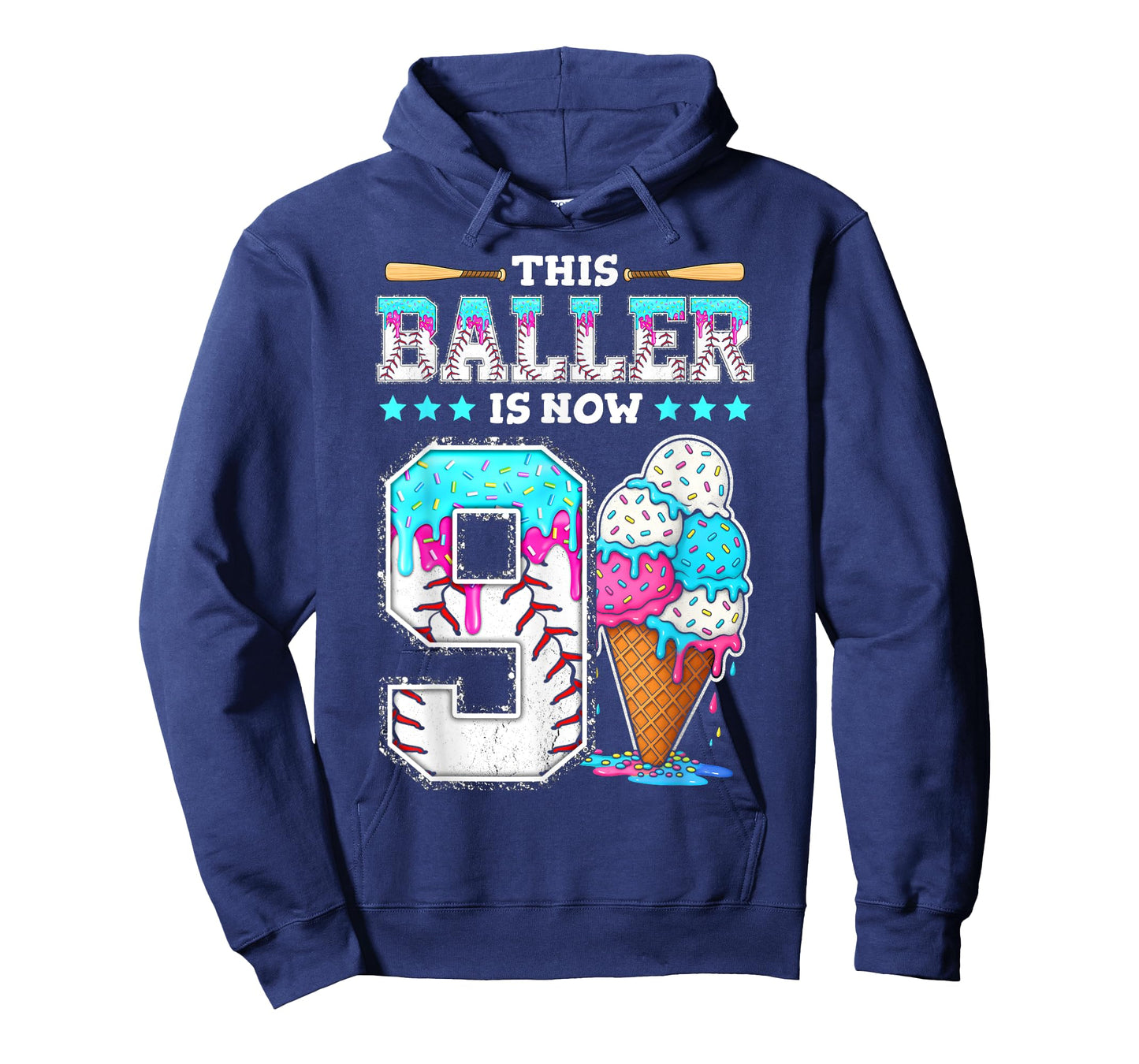 Baller Is Now 9 Year Ice Cream Drip 9th Birthday Baseball T-Shirt