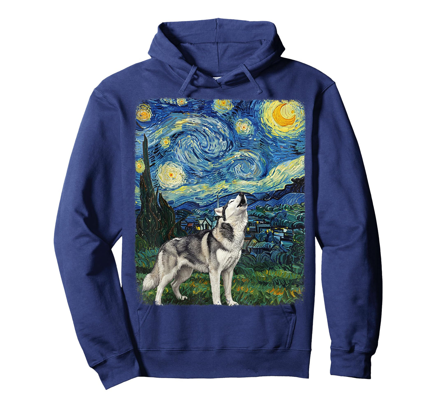 Husky Dog Howling At Moon Starry Night Van Gogh Funny T-Shirt
