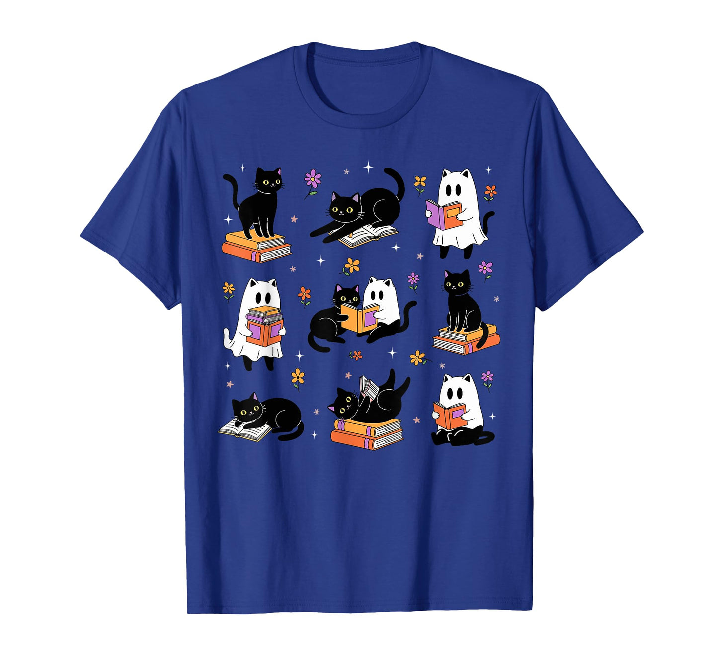 Books Lover Bookish Cute Ghost Cat Reading Halloween Spooky Men Women Kids T-Shirt