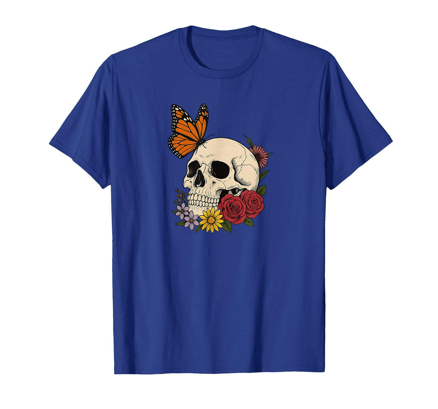 Skulls Monarch Butterfly Flowers Halloween Men Women T-Shirt