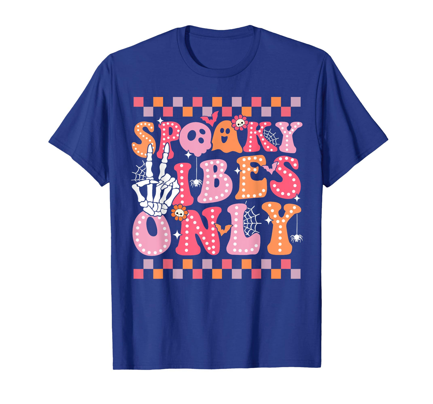 Spooky Vibes Only Halloween Skeleton Peace Checkered Groovy T-Shirt