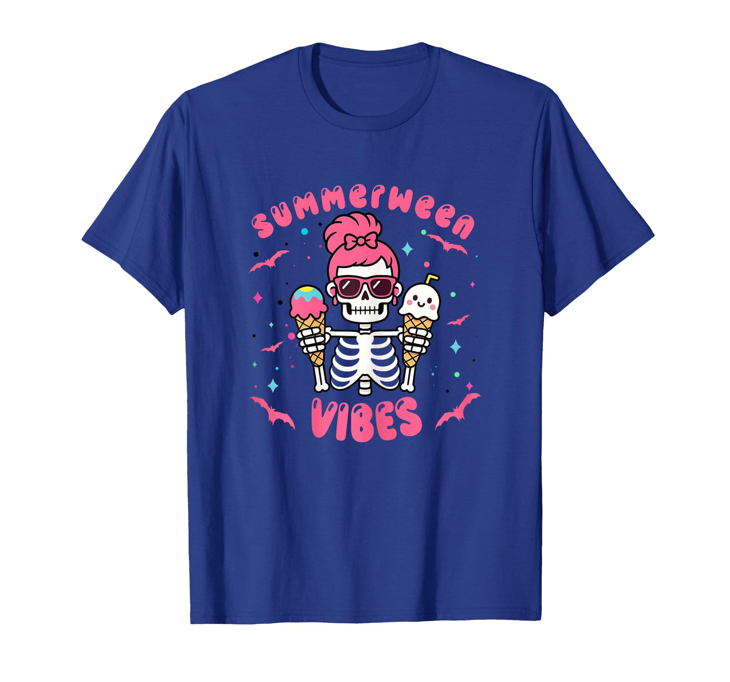 Summerween Vibes Skeletonb Halloween Summer Pink Hair T-Shirt