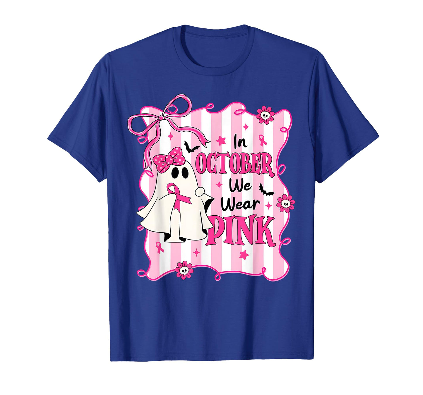 In October We Wear Pink Bow Ghost Breast Cancer Awareness T-Shirt