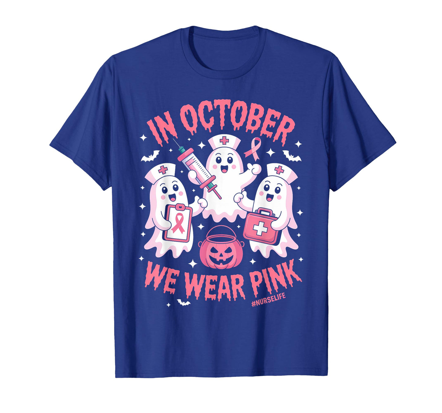 In October We Wear Pink Nurse Ghost Halloween Breast Cancer T-Shirt