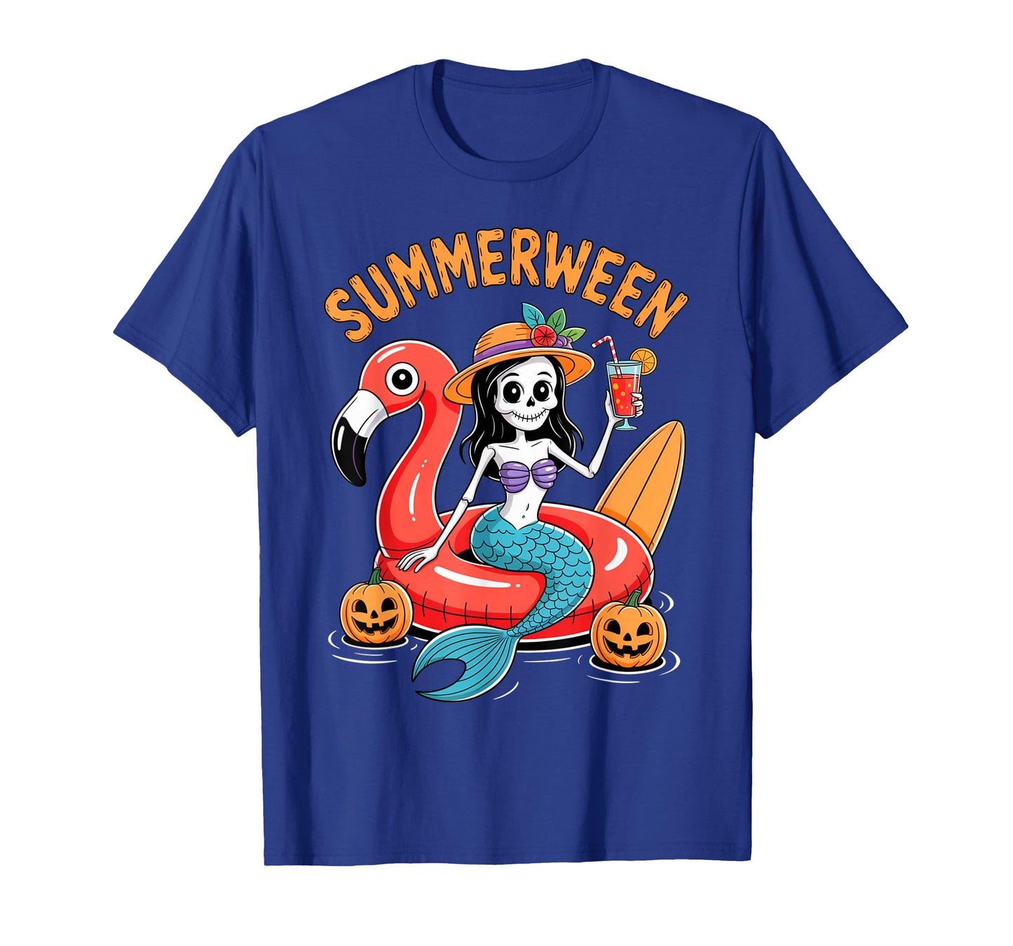 Summerween Mermaid Skeleton Beach Flamingo Halloween Girl T-Shirt