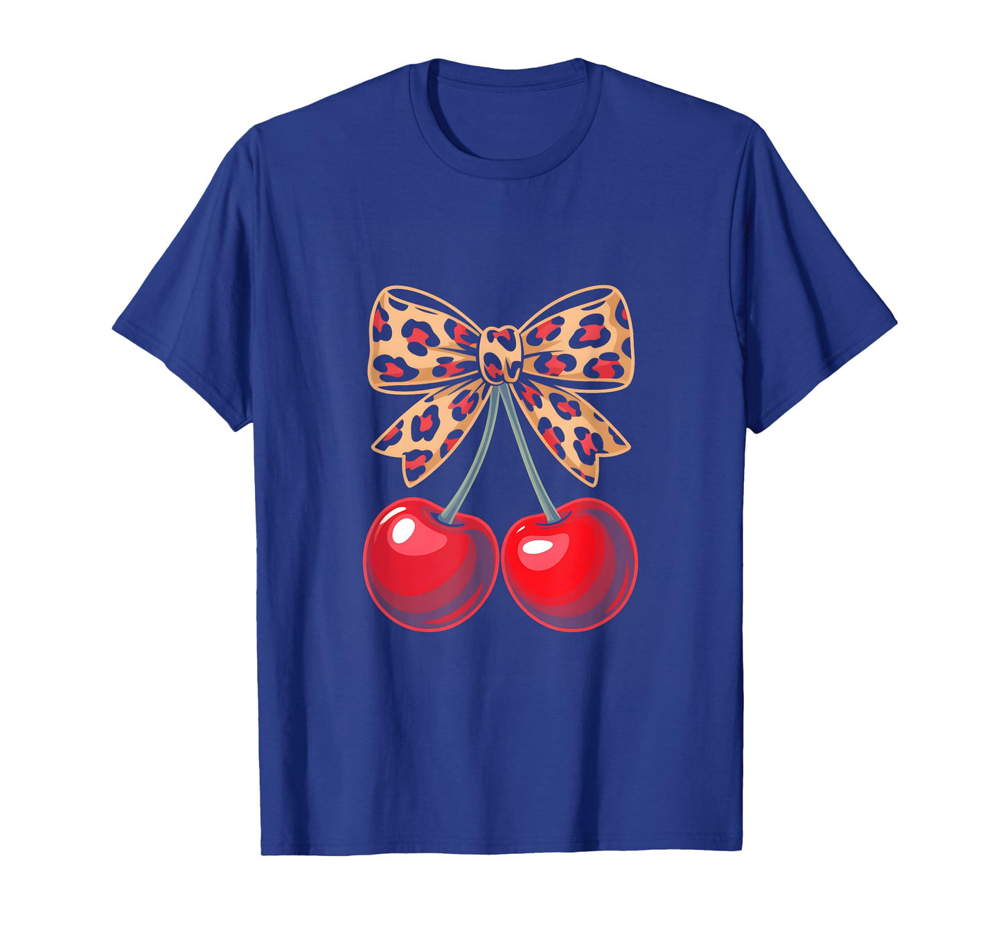 Leopard Print Bow And Bright Cherries Coquette T-Shirt