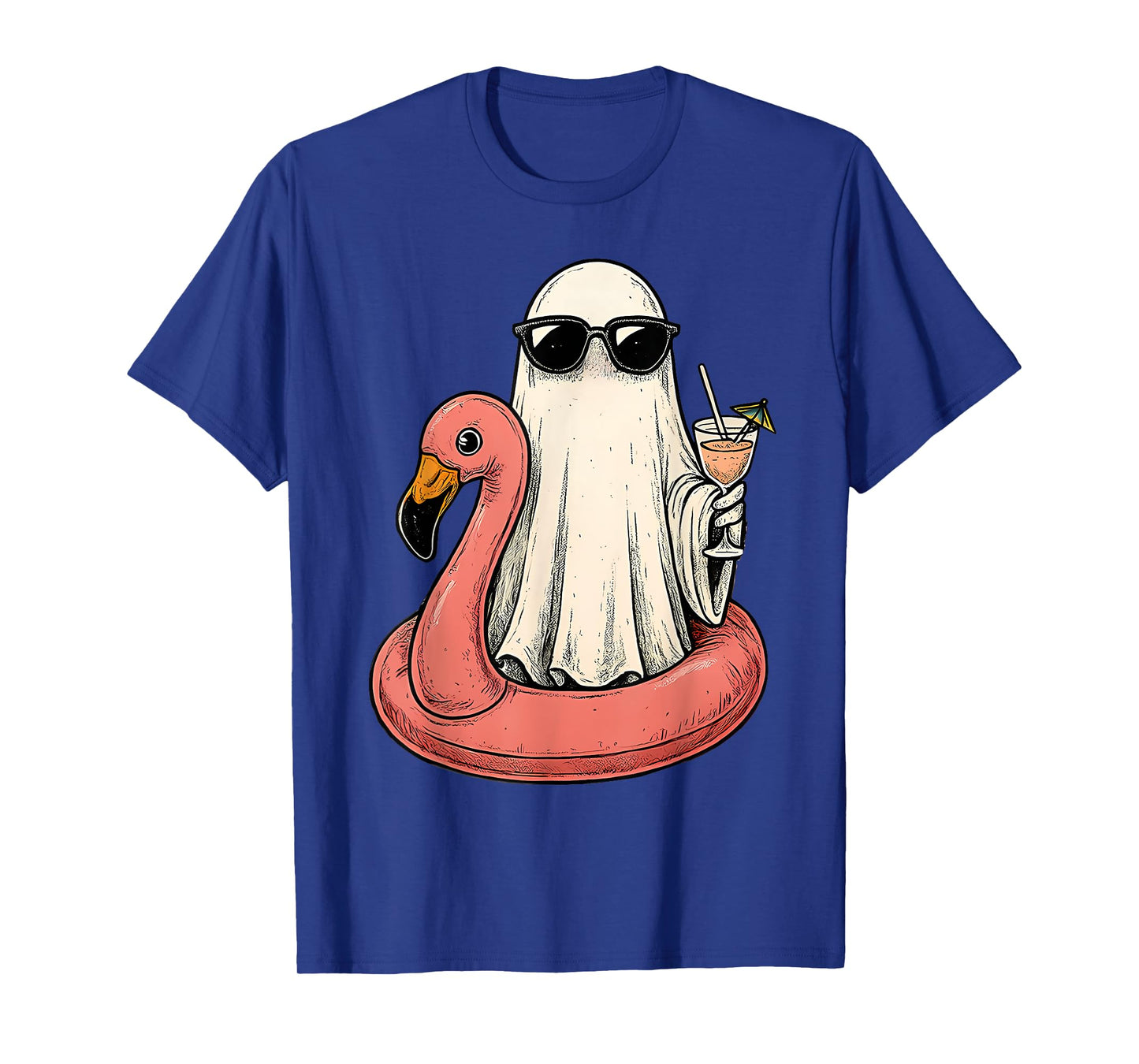 Summerween Ghost With Flamingo Floatie Womens Halloween Top T-Shirt