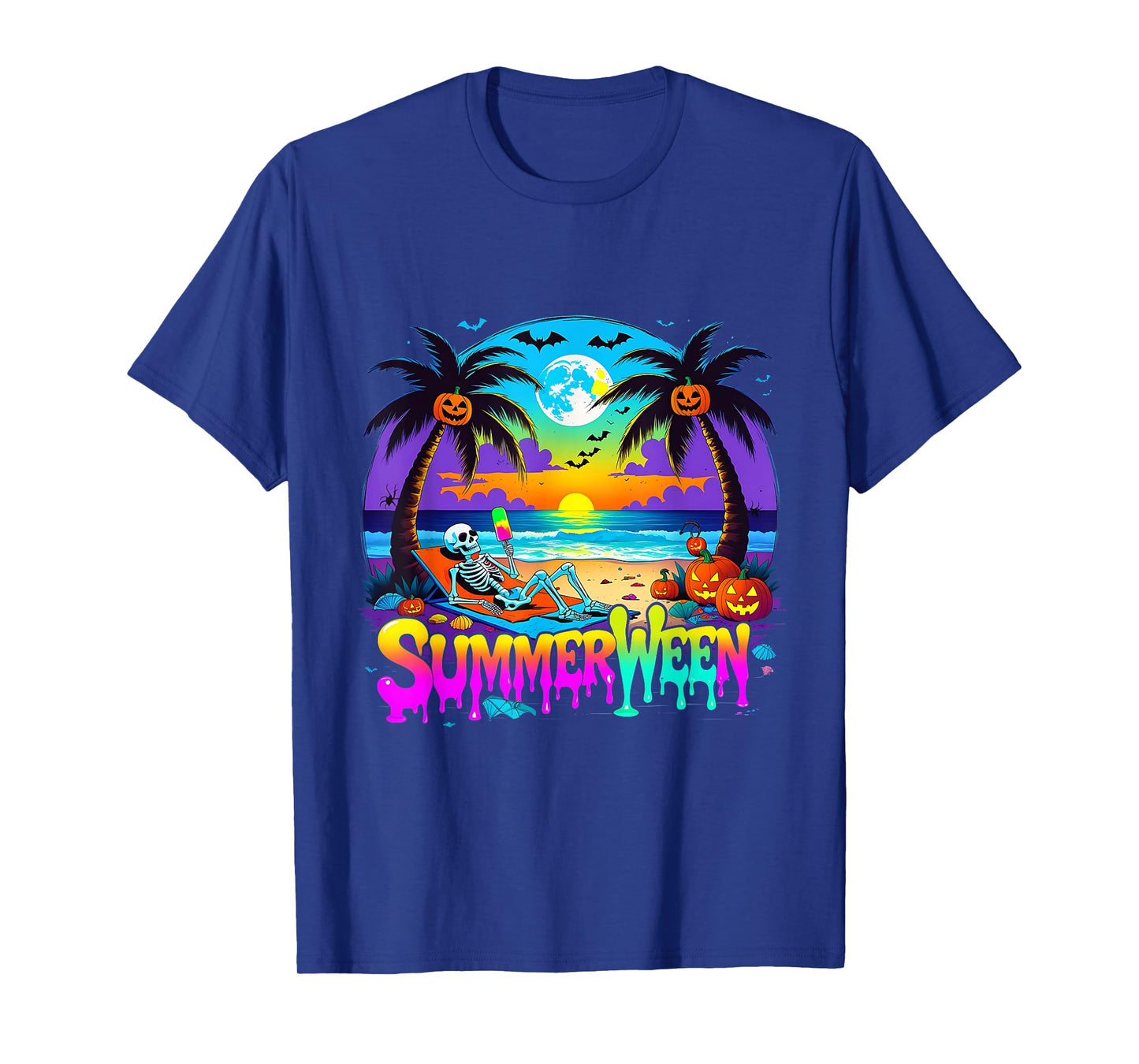 Summerween Skeleton Ghost Beach Funny Spooky Halloween T-Shirt