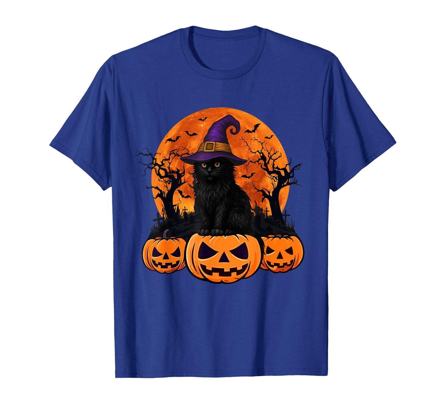 Vintage Scary Halloween Black Cat Costume Witch Hat And Moon T-Shirt for Men Women