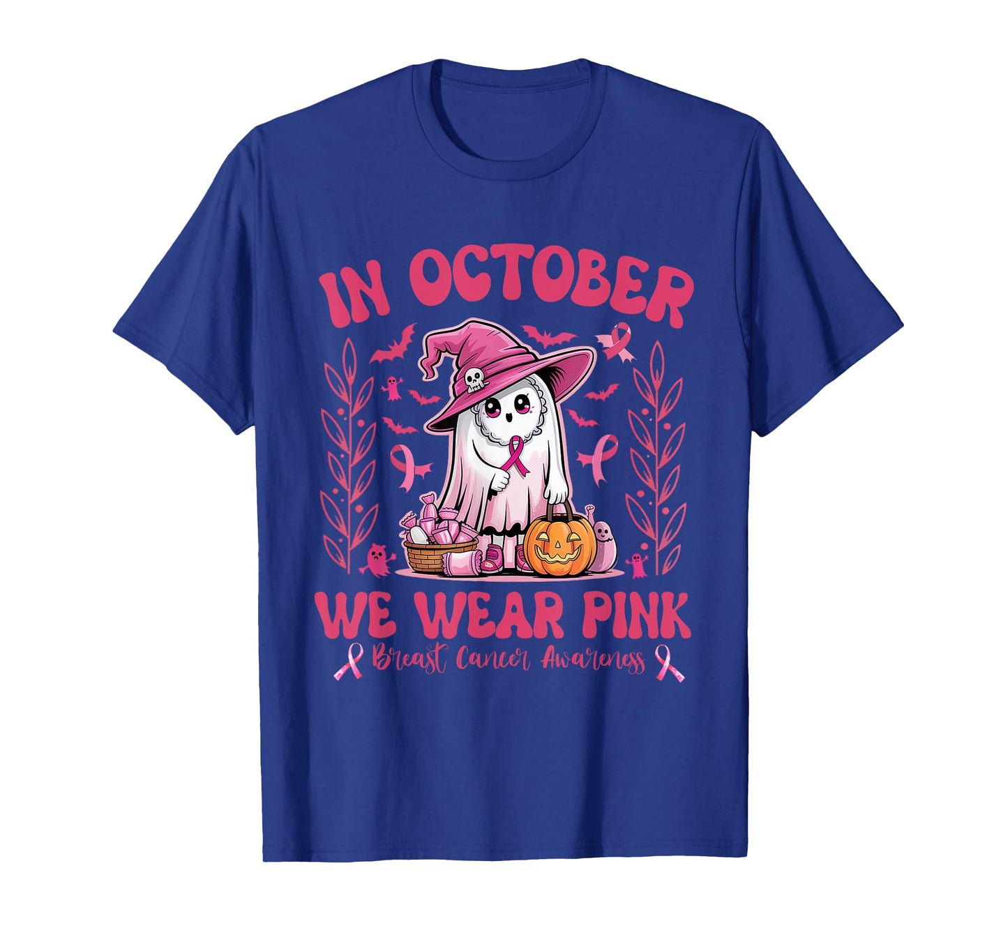 October We Wear Pink Ghost Breast Cancer Awareness Halloween T-Shirt