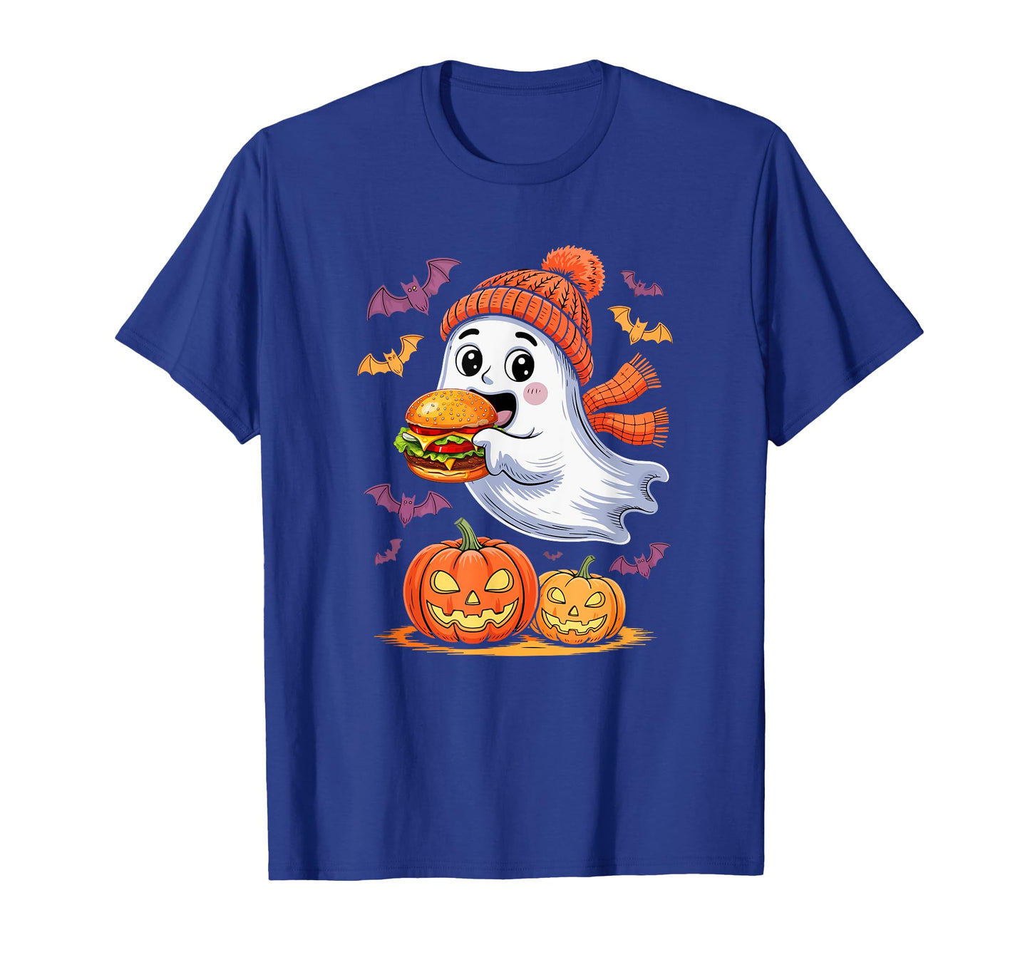 Cute Boo Ghost Eating Hamburger Halloween Food Lover Kids T-Shirt