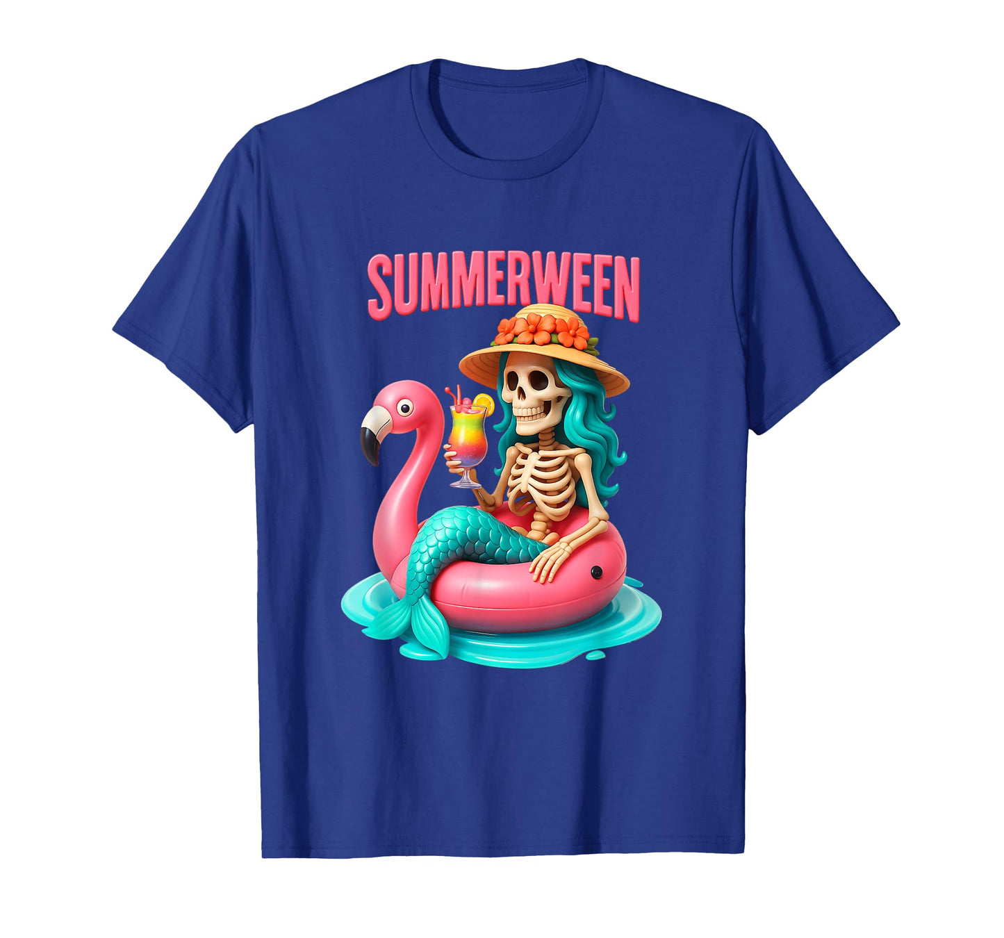 Summer-ween Mermaid Skeleton Flamingo Halloween Beach T-Shirt