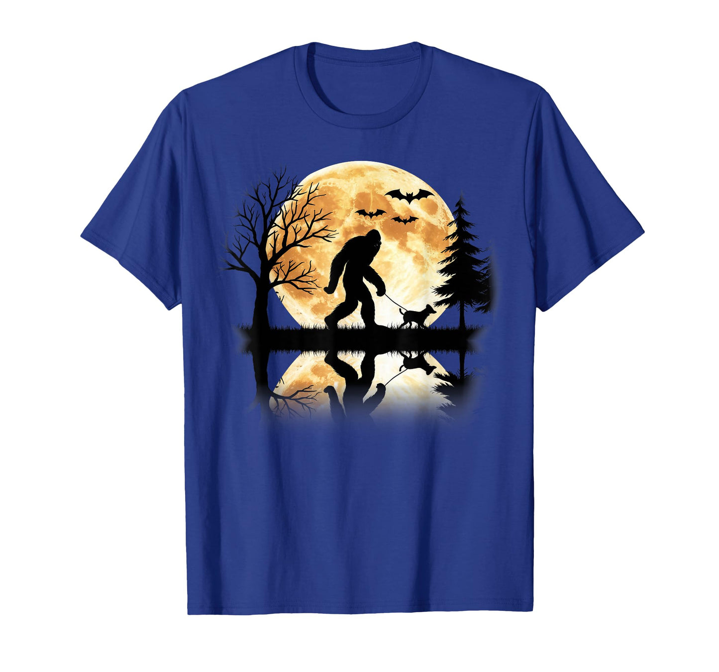 Bigfoot Walking With Dog Funny Halloween Moon T-Shirt