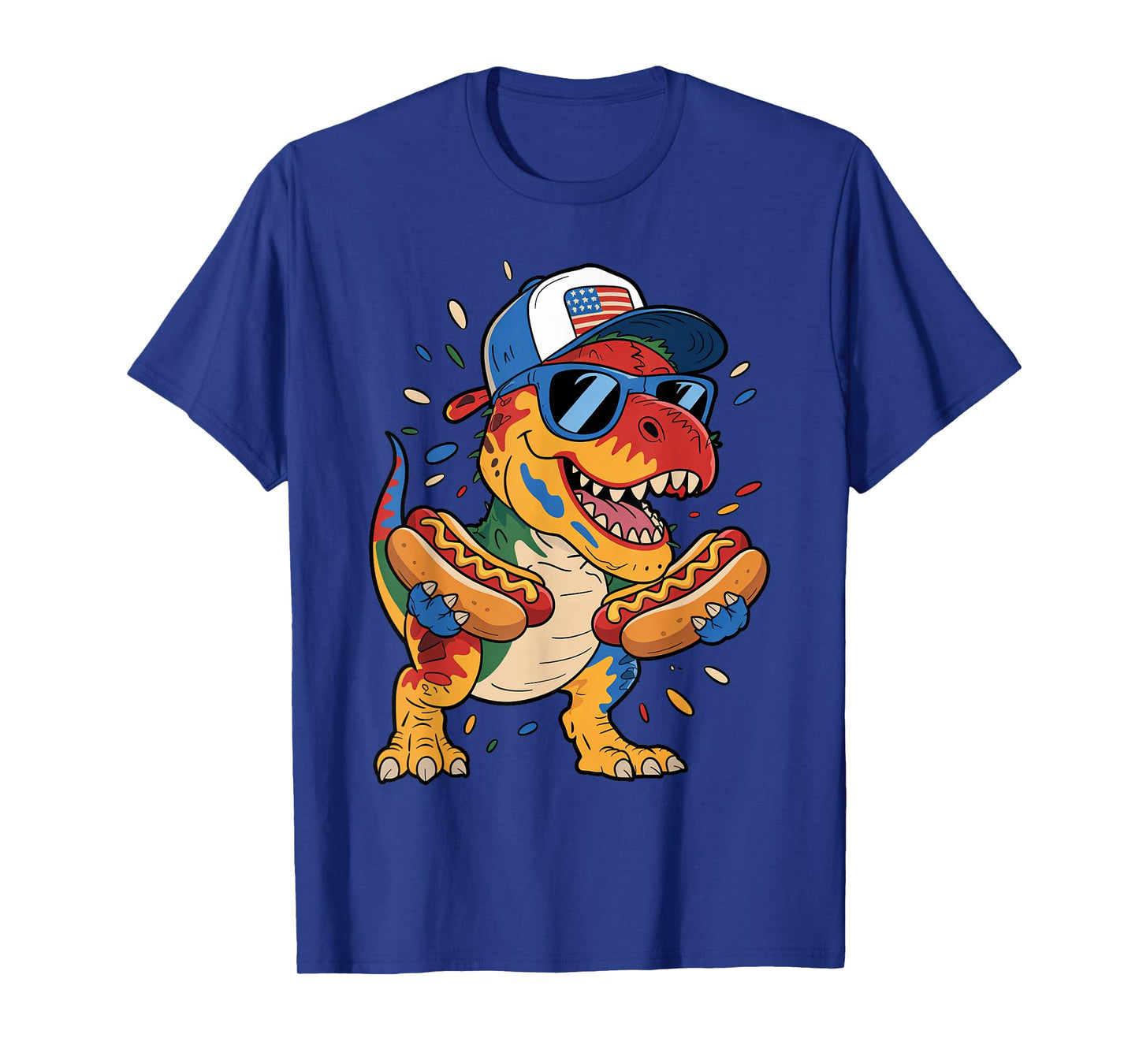 4th of July T Rex Dinosaur Sunglasses Hotdog American Flag T-Shirt for Men Women Kids