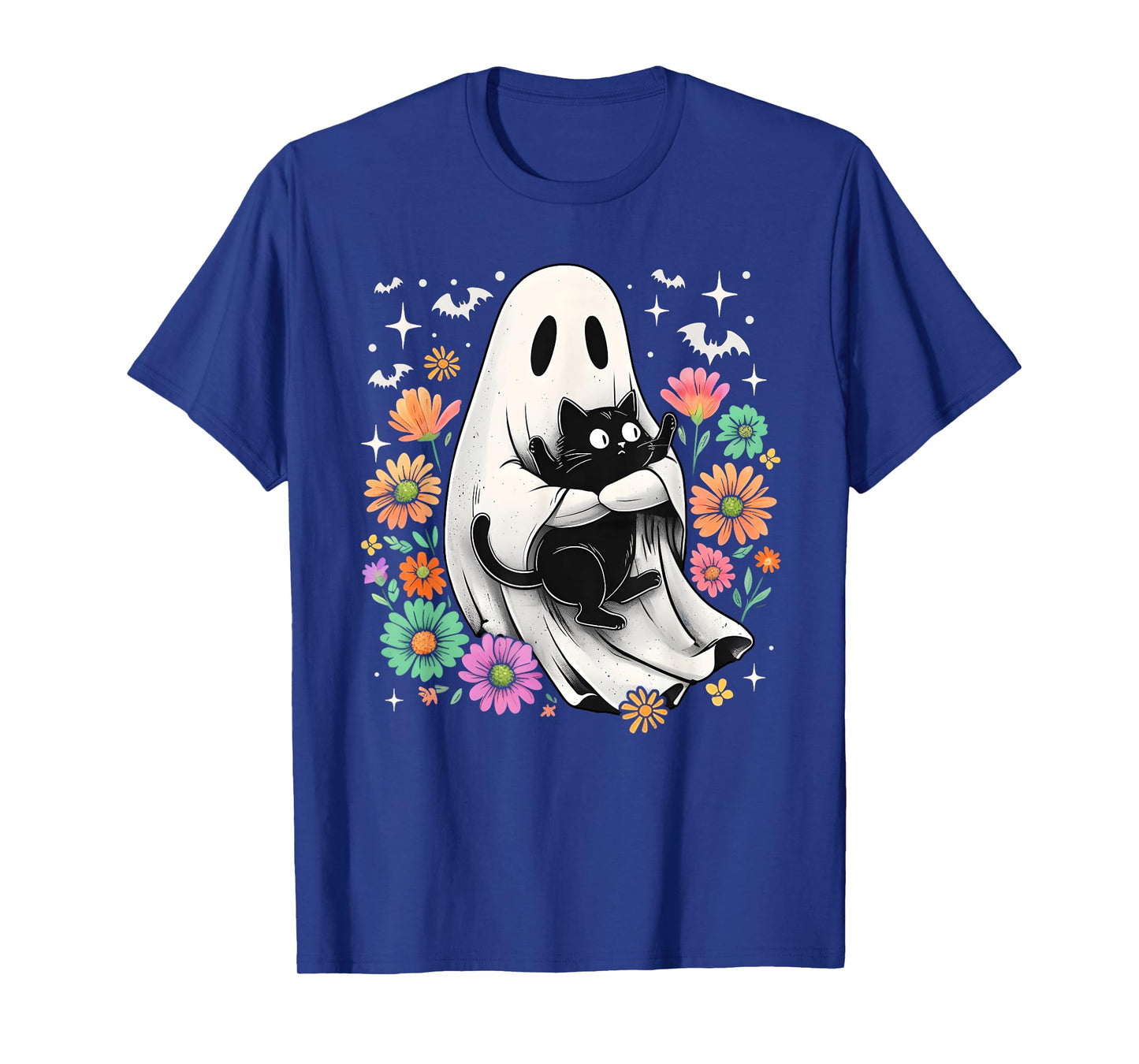 Spooky Ghost Black Cat Lover Groovy Floral Halloween T-Shirt for Men Women Kids