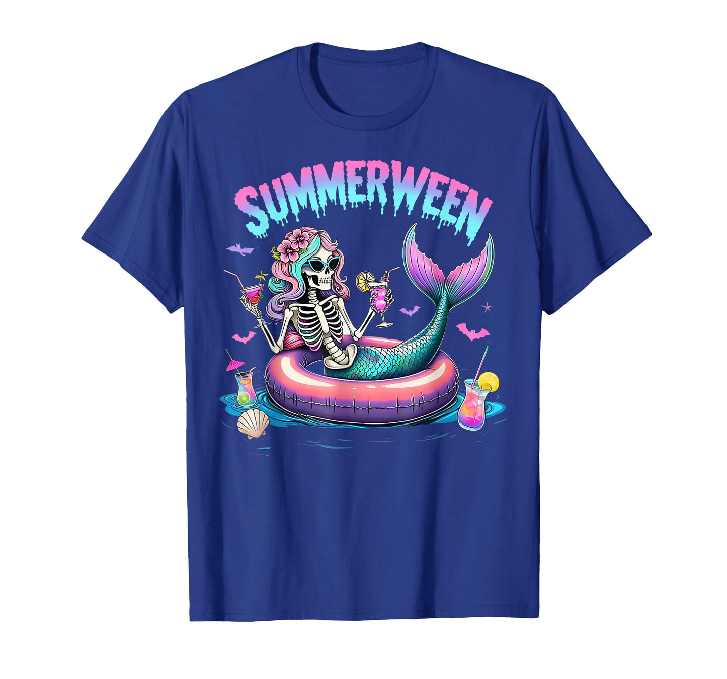 Summerween Mermaid Skeleton Beach Flamingo Halloween Girl T-Shirt