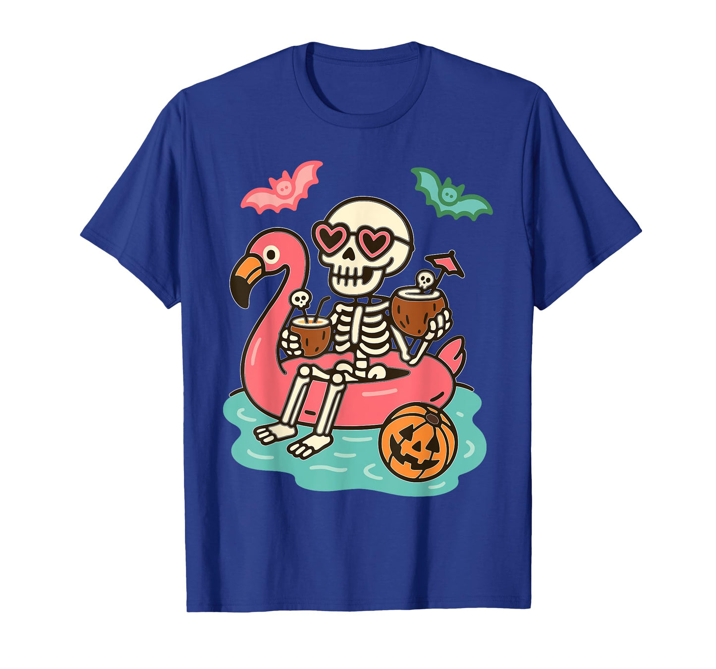 Funny Summerween Skeleton Floating in Flamingo Cute Spooky T-Shirt