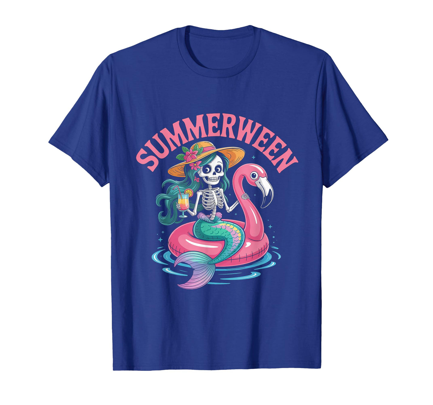 Summerween Mermaid Skeleton Beach Flamingo Halloween Girl T-Shirt