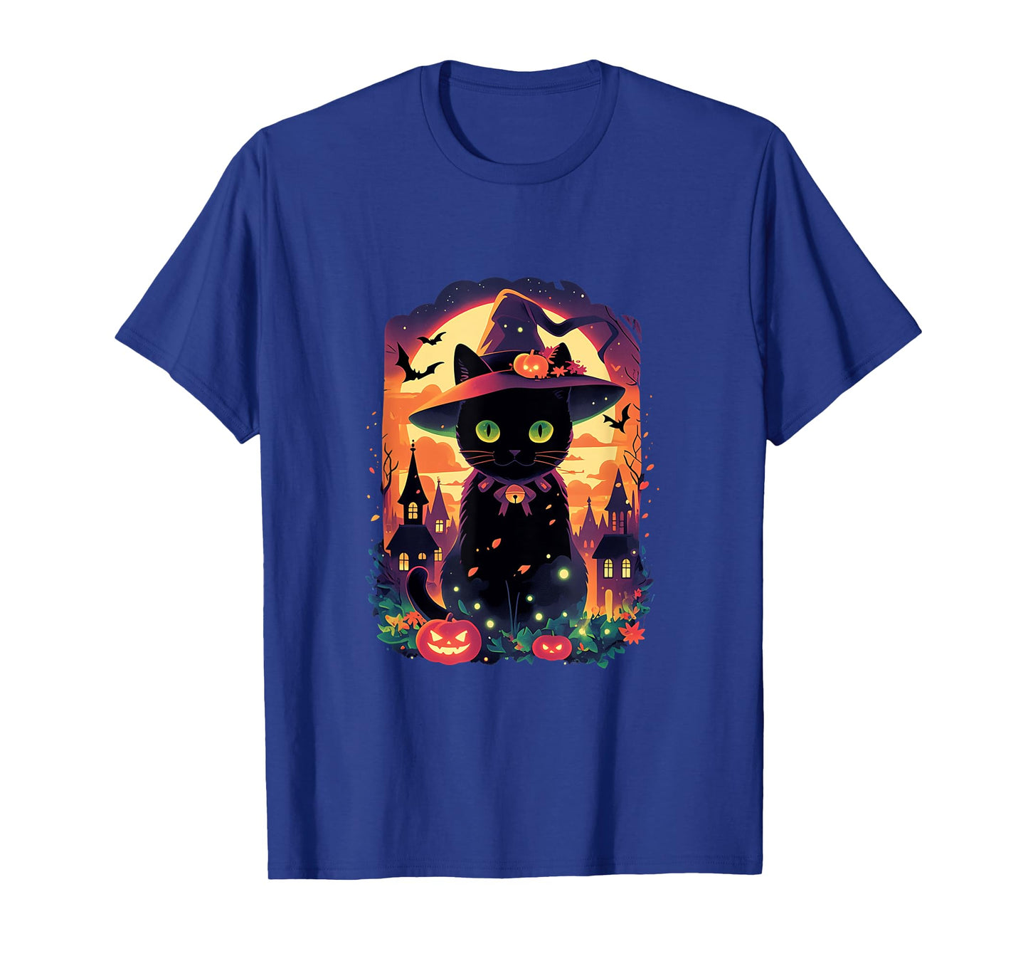 Halloween Cat Design with Witch Hat and Pumpkins T-Shirt