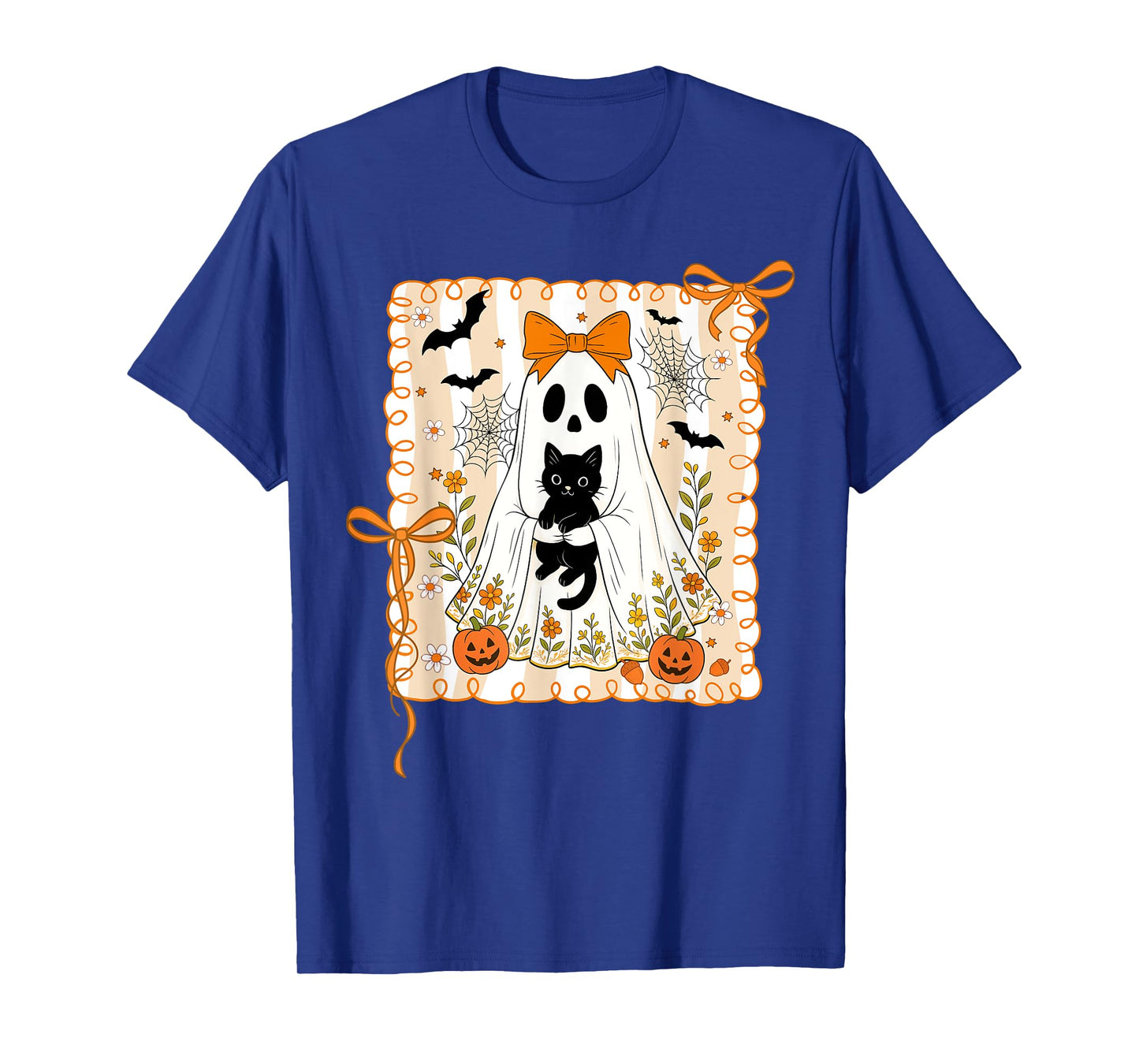 Spooky Ghost Holding Black Cat Halloween Coquette Bow T-Shirt