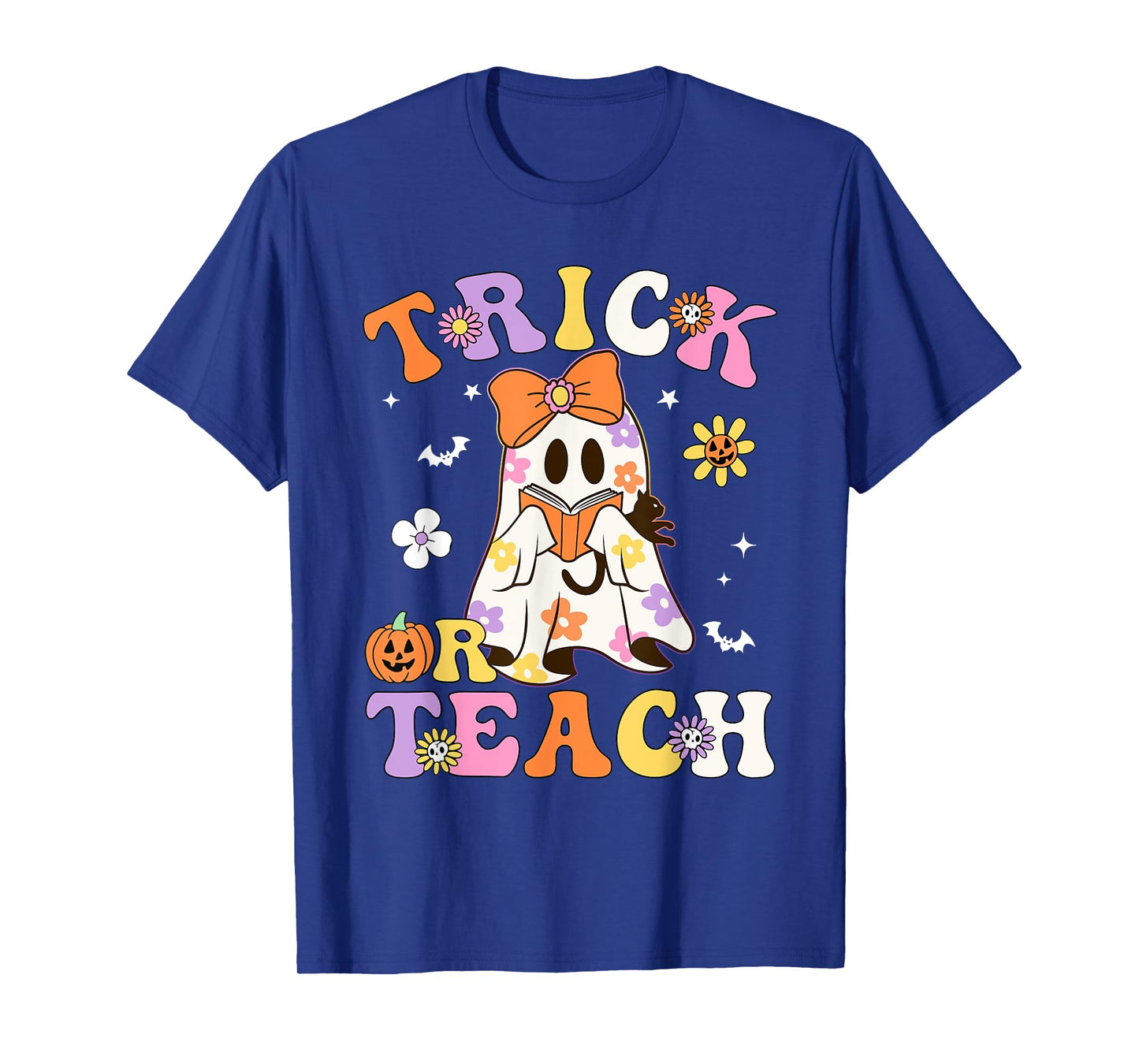 Trick or Teach Groovy Halloween Floral Ghost Teacher T-Shirt