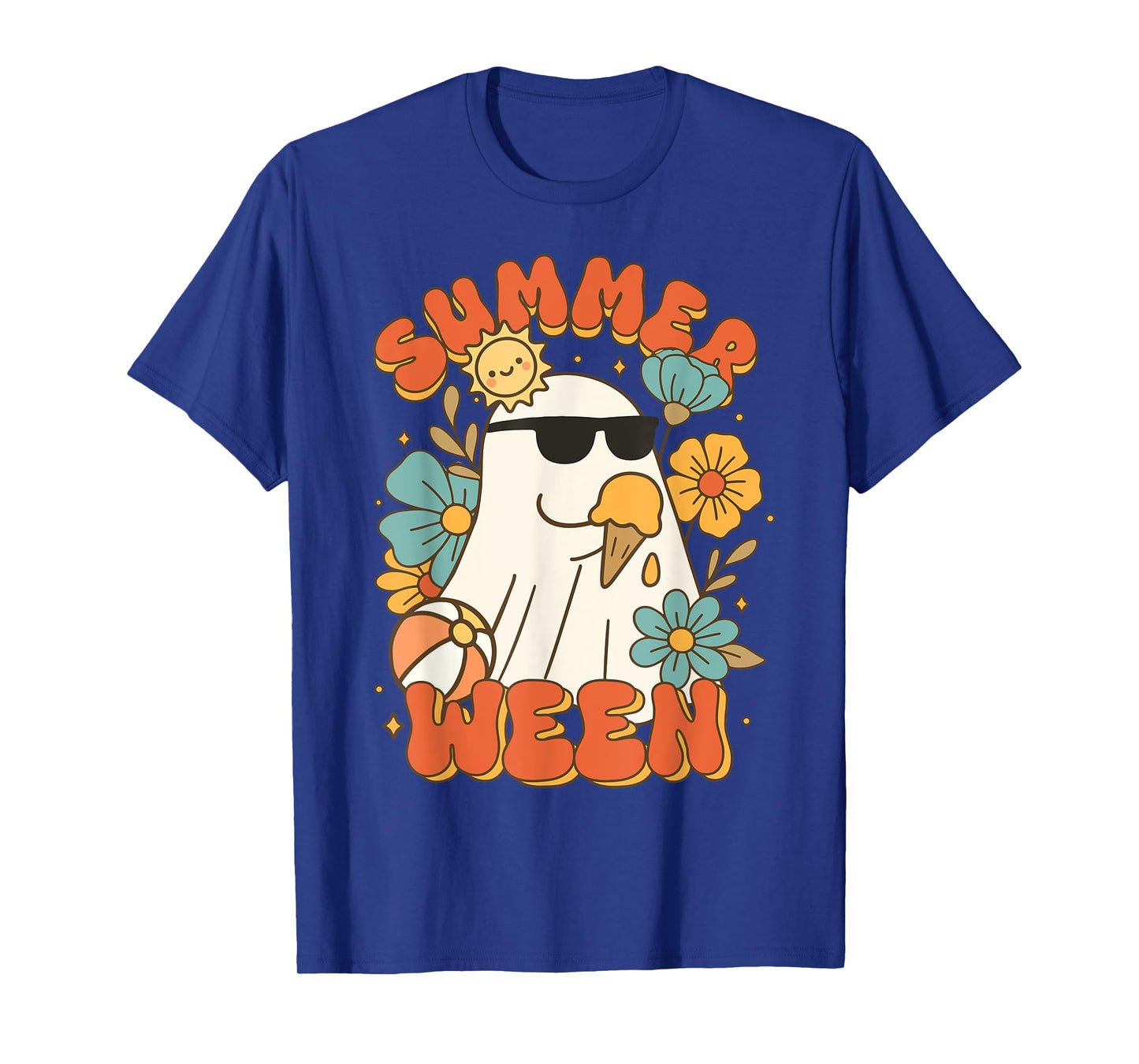 Summerween Ghost Ice Cream Cute Funny Halloween Beach Design T-Shirt