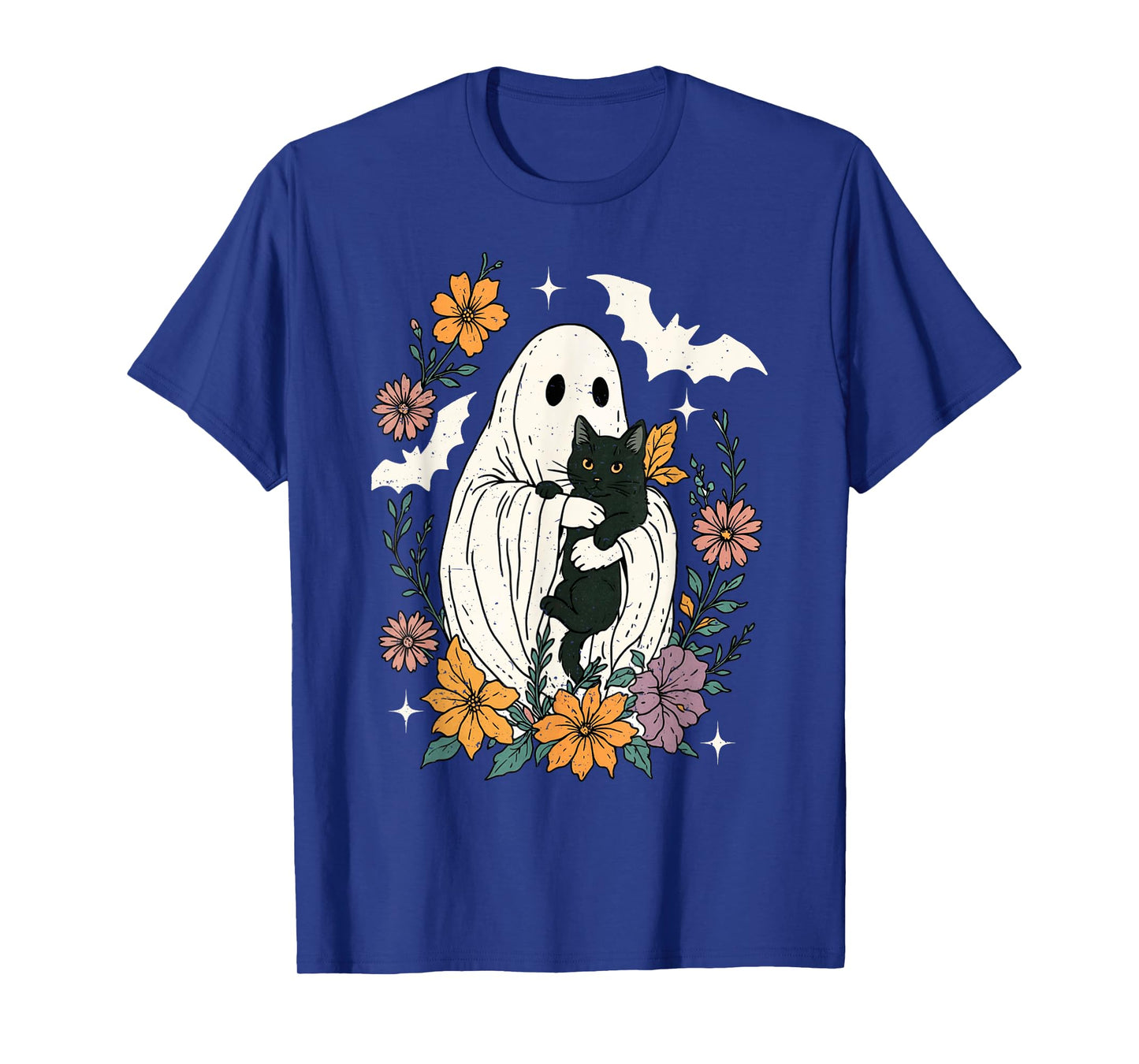 Groovy Floral Halloween Spooky Ghost Holding Black Cat Goth T-Shirt